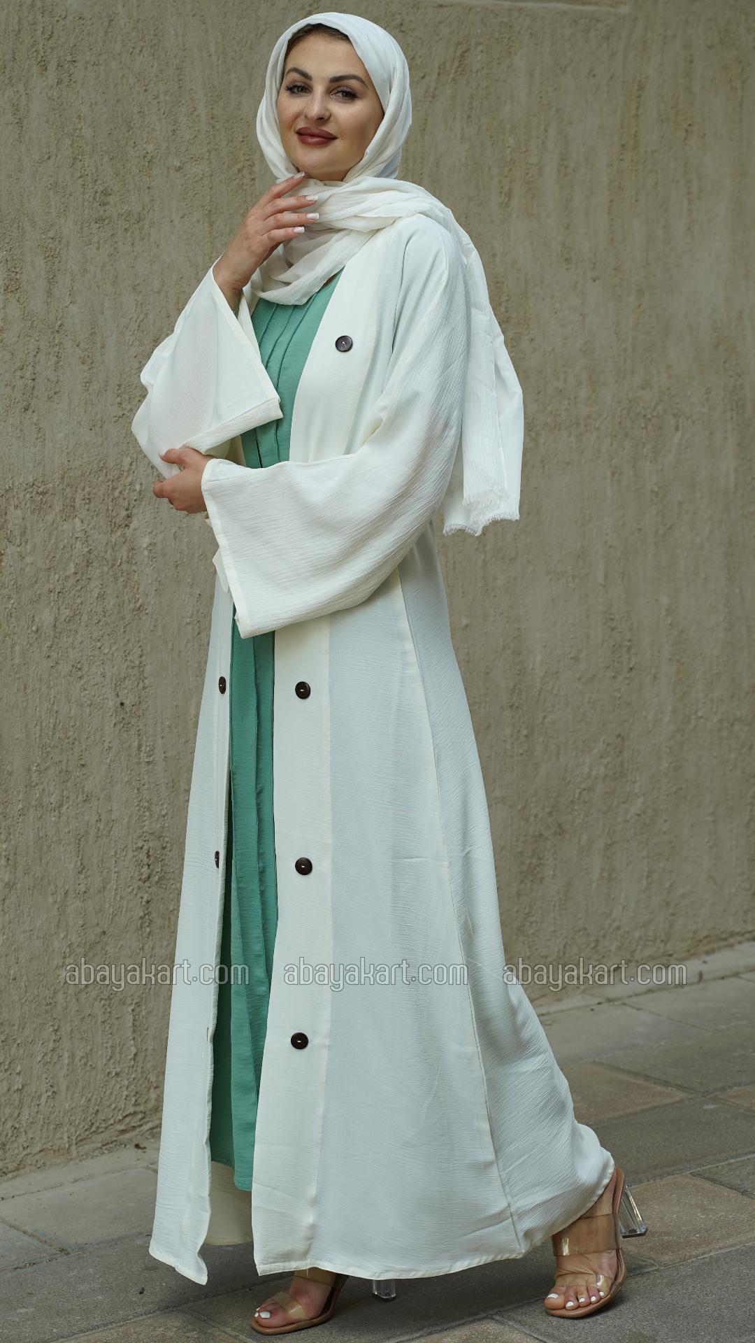 Wholesale CEY Modest Dress with a Shrug Show Buttons and a Belt in Offwhite and Turquoise