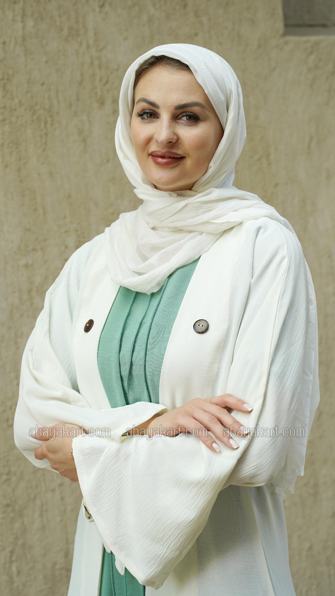 Wholesale CEY Modest Dress with a Shrug Show Buttons and a Belt in Offwhite and Turquoise