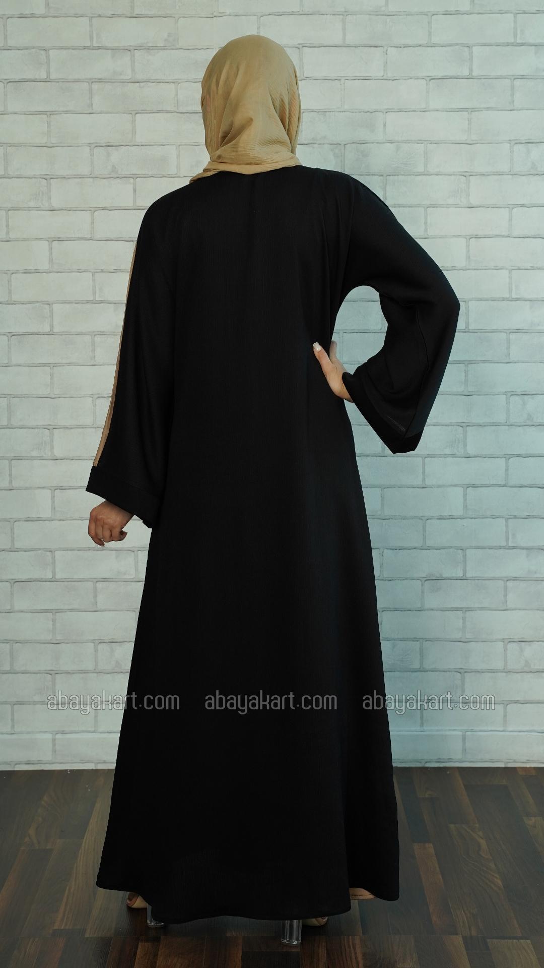 Wholesale Zoom Simple Abaya with Black Crystal Handwork on the Front in Black and Beige