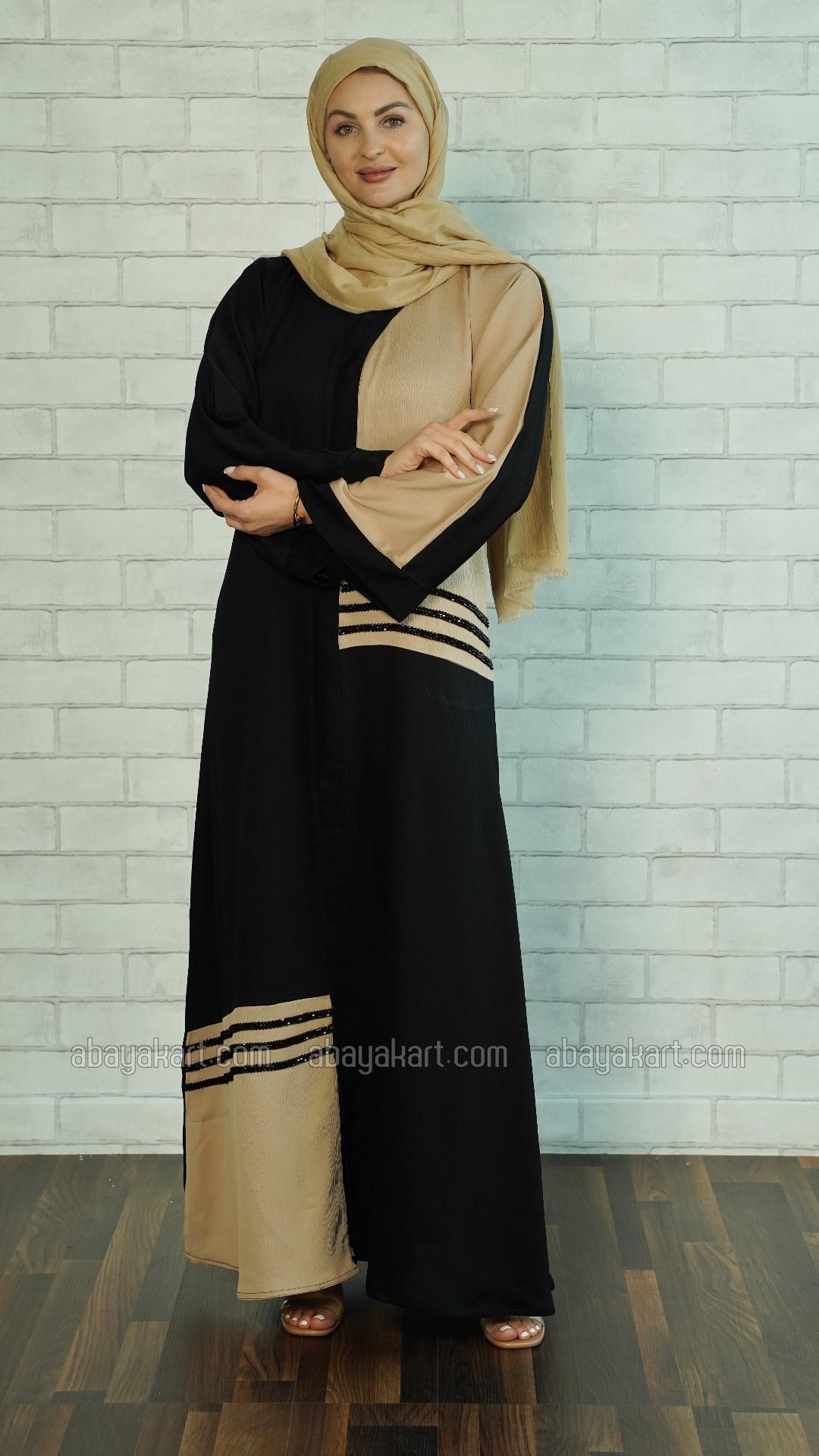 Wholesale Zoom Simple Abaya with Black Crystal Handwork on the Front in Black and Beige