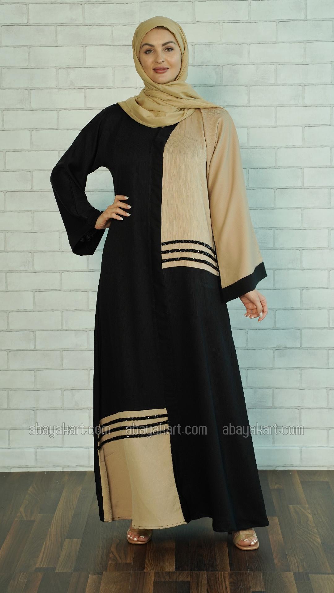 Wholesale Zoom Simple Abaya with Black Crystal Handwork on the Front in Black and Beige