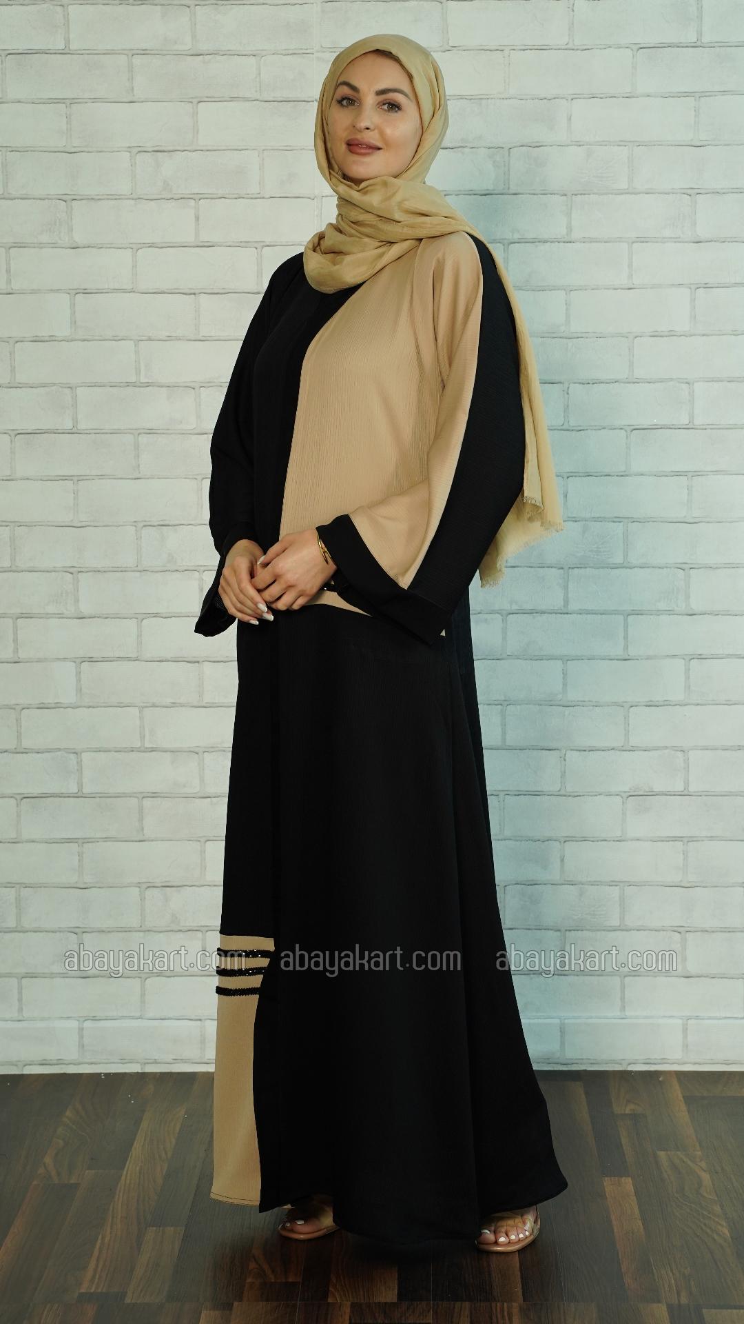 Wholesale Zoom Simple Abaya with Black Crystal Handwork on the Front in Black and Beige