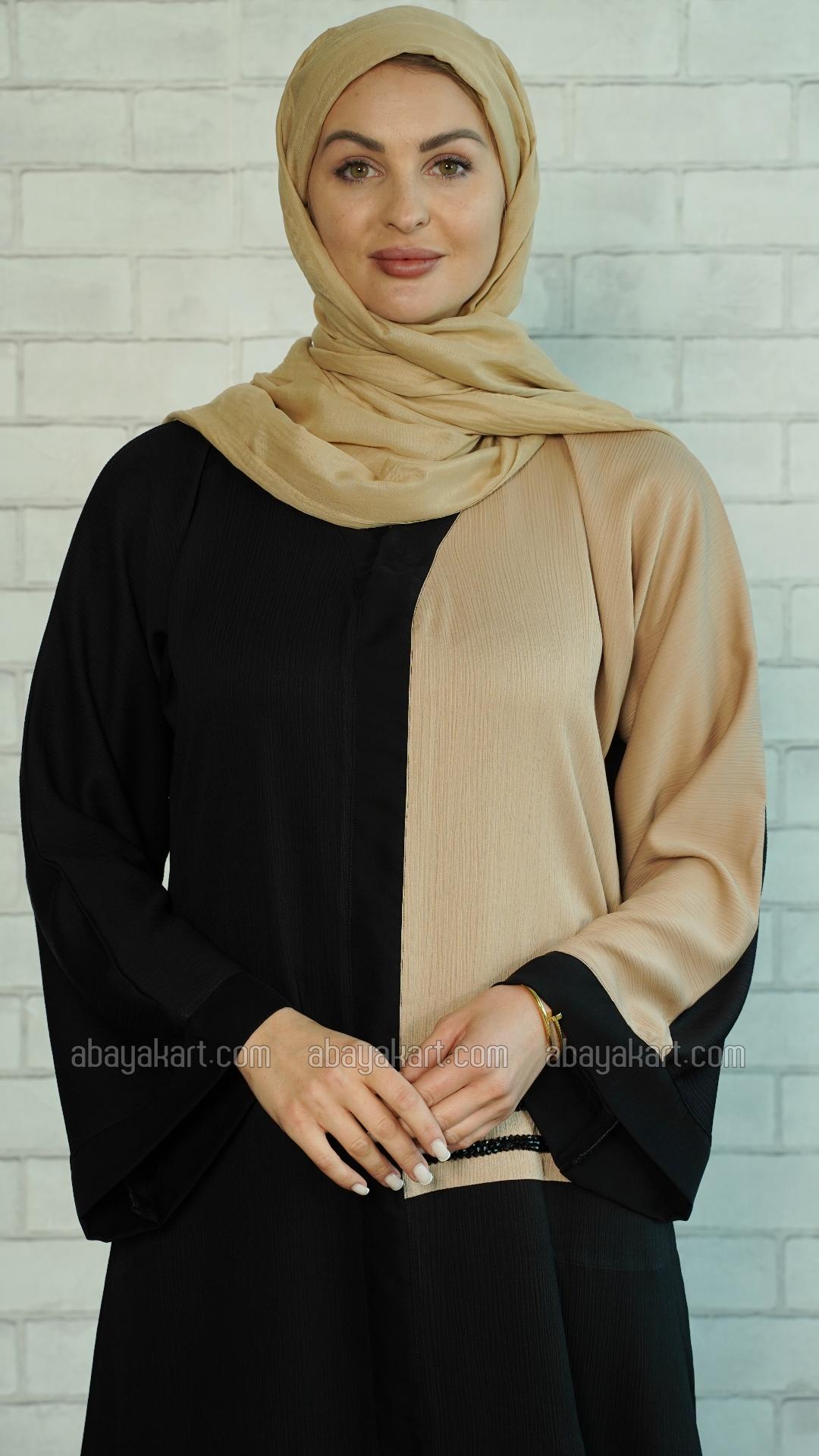 Wholesale Zoom Simple Abaya with Black Crystal Handwork on the Front in Black and Beige