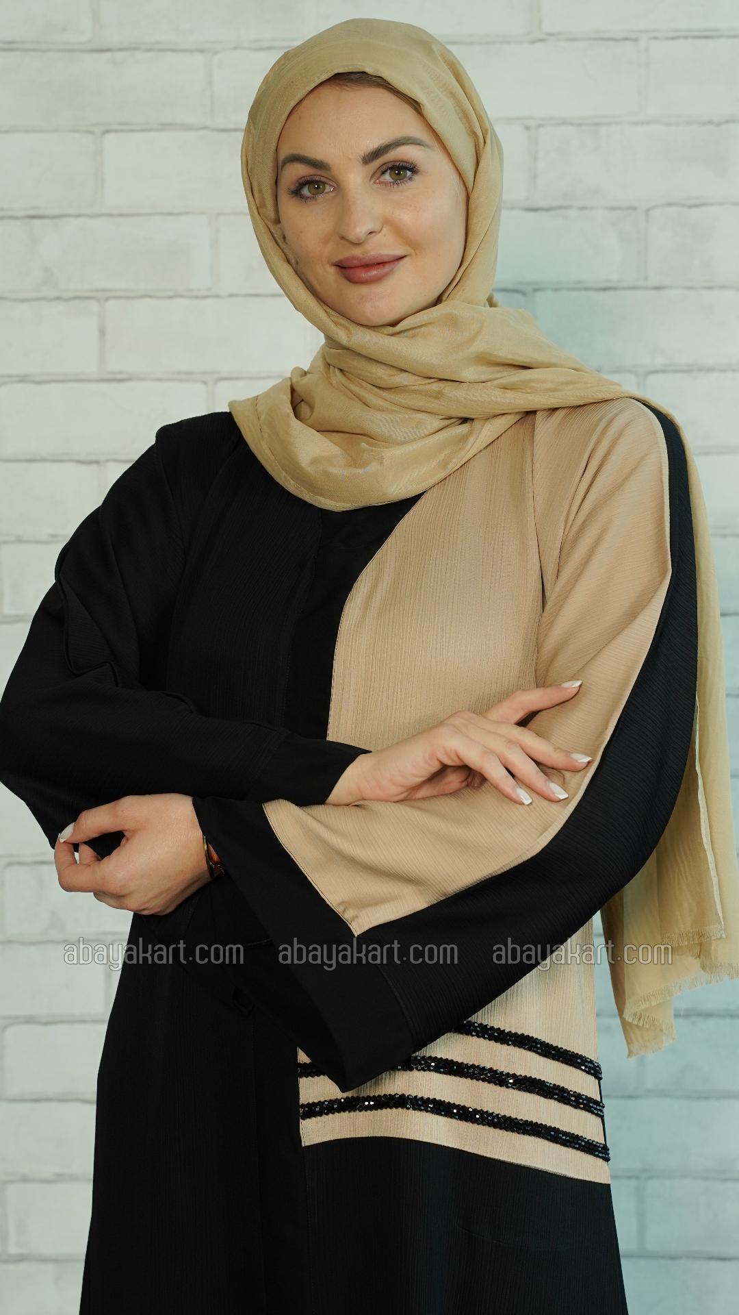 Wholesale Zoom Simple Abaya with Black Crystal Handwork on the Front in Black and Beige