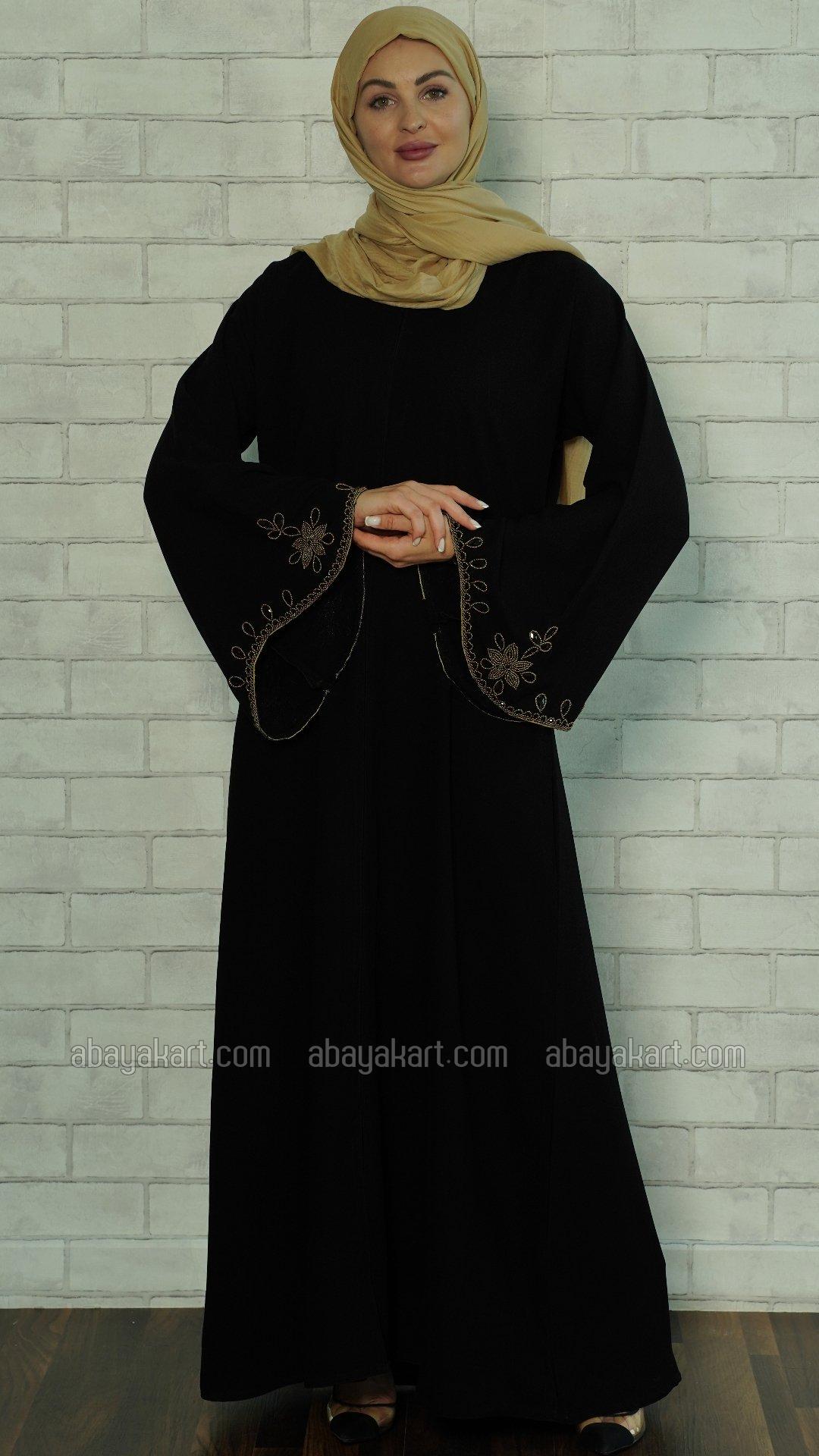 Wholesale Black Masha Crepe Abaya with Golden Beads on the Sleeves and Back