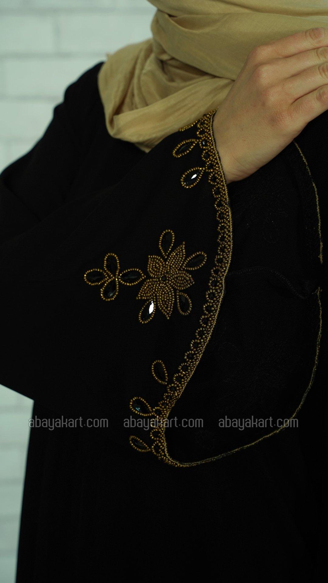 Wholesale Black Masha Crepe Abaya with Golden Beads on the Sleeves and Back