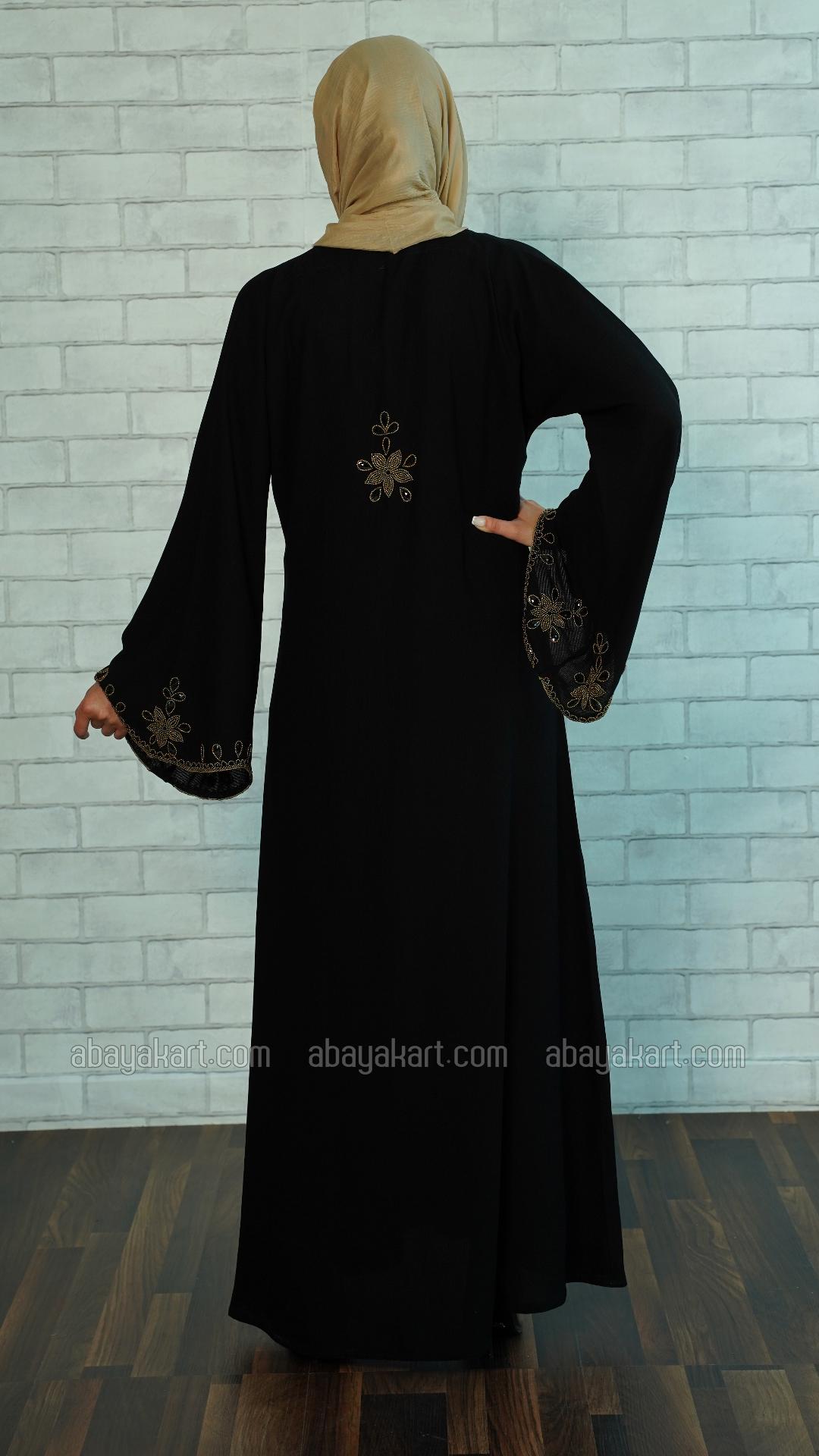 Wholesale Black Masha Crepe Abaya with Golden Beads on the Sleeves and Back