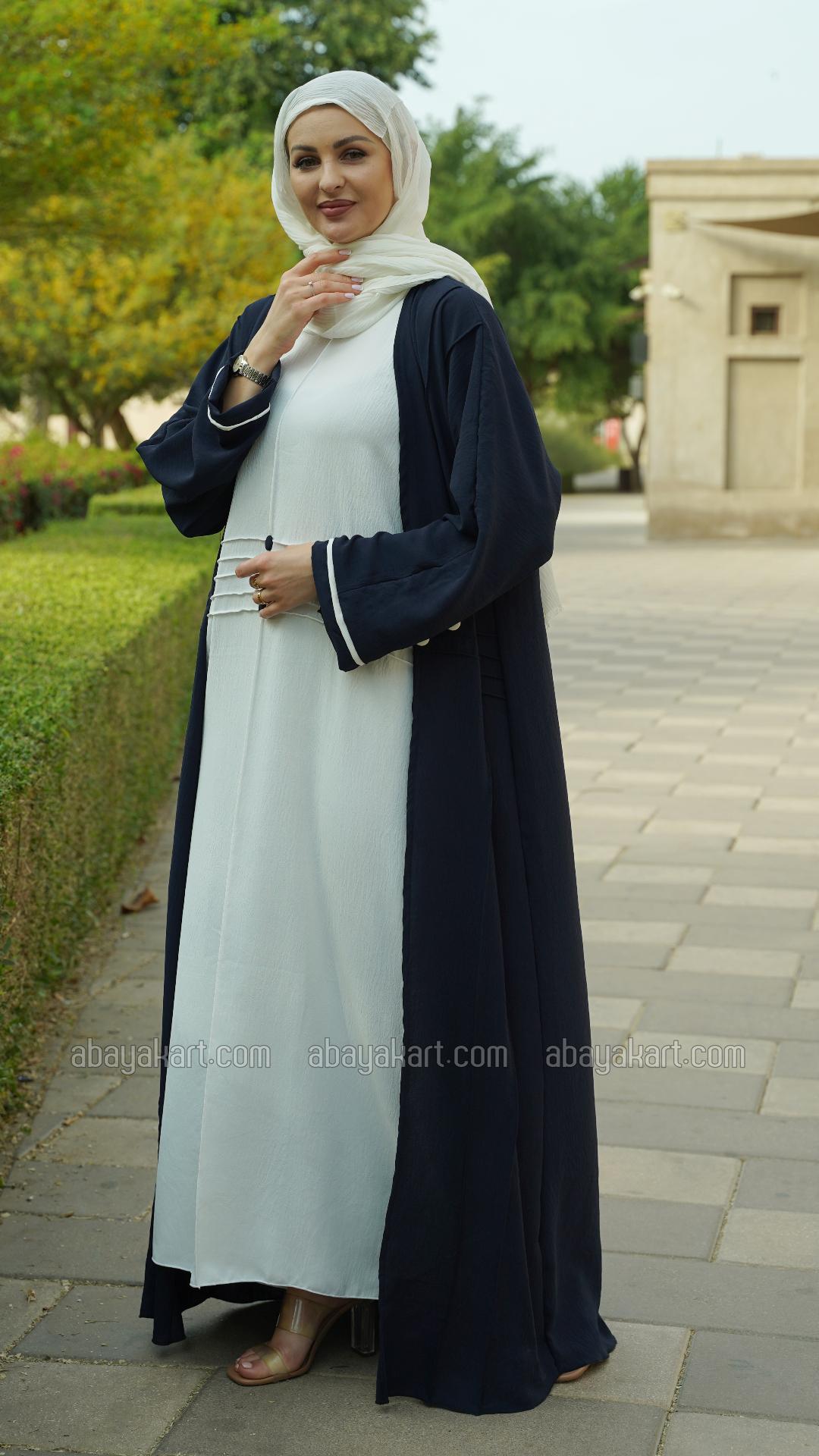 Wholesale CEY Modest Dress with a Shrug and Show Button in OffWhite and Navy Blue