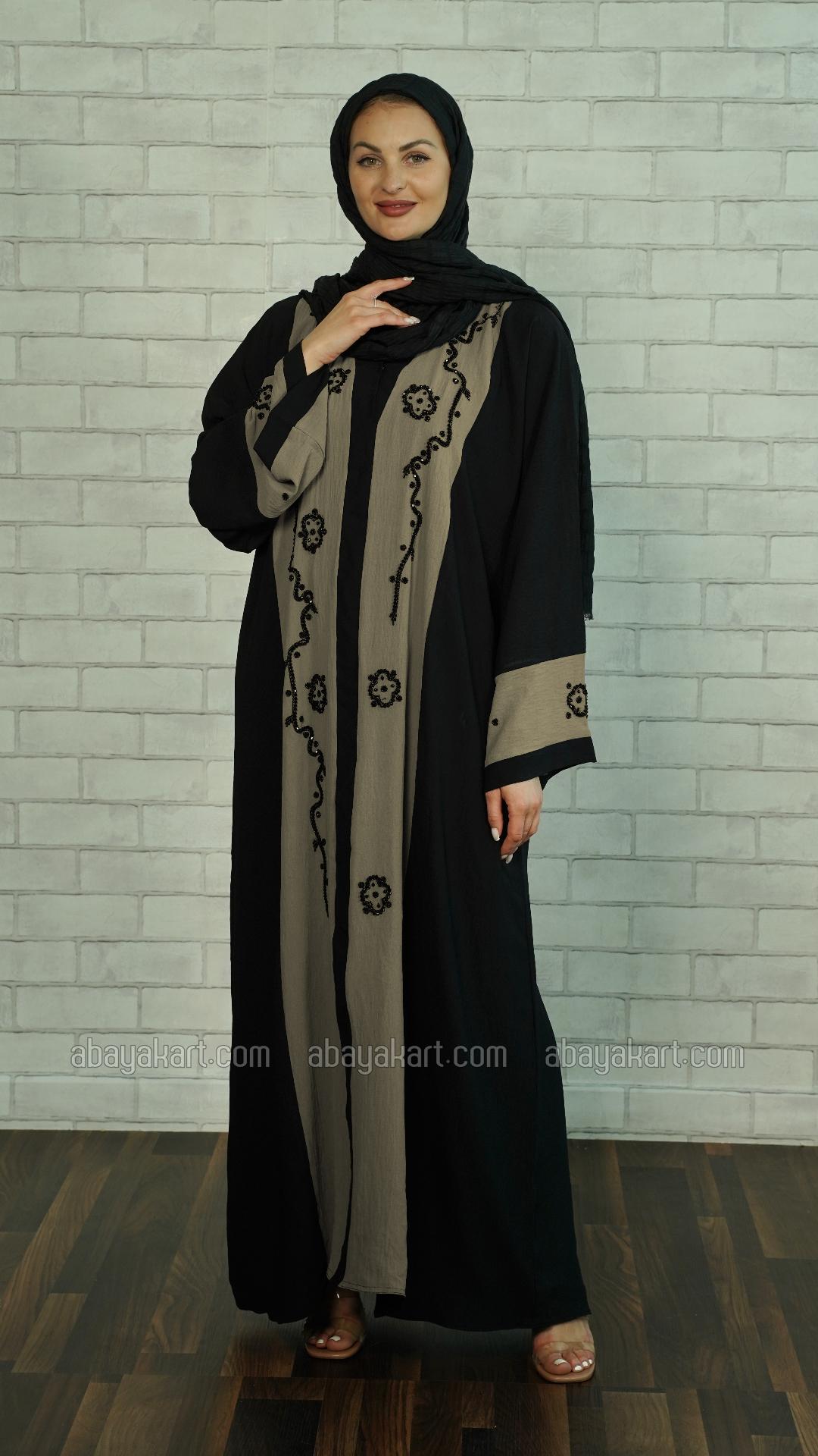 Wholesale CEY Modest Dress with Black Crystal Handwork on the Front and Sleeves in Black and Brown