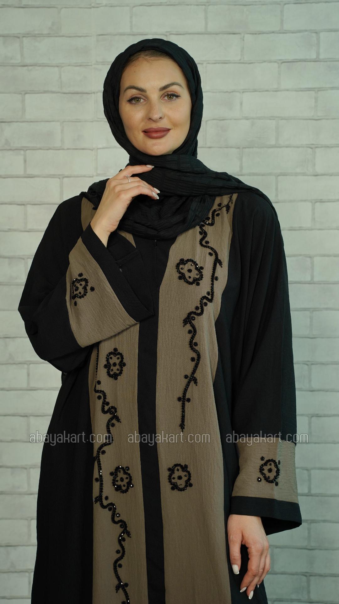 Wholesale CEY Modest Dress with Black Crystal Handwork on the Front and Sleeves in Black and Brown