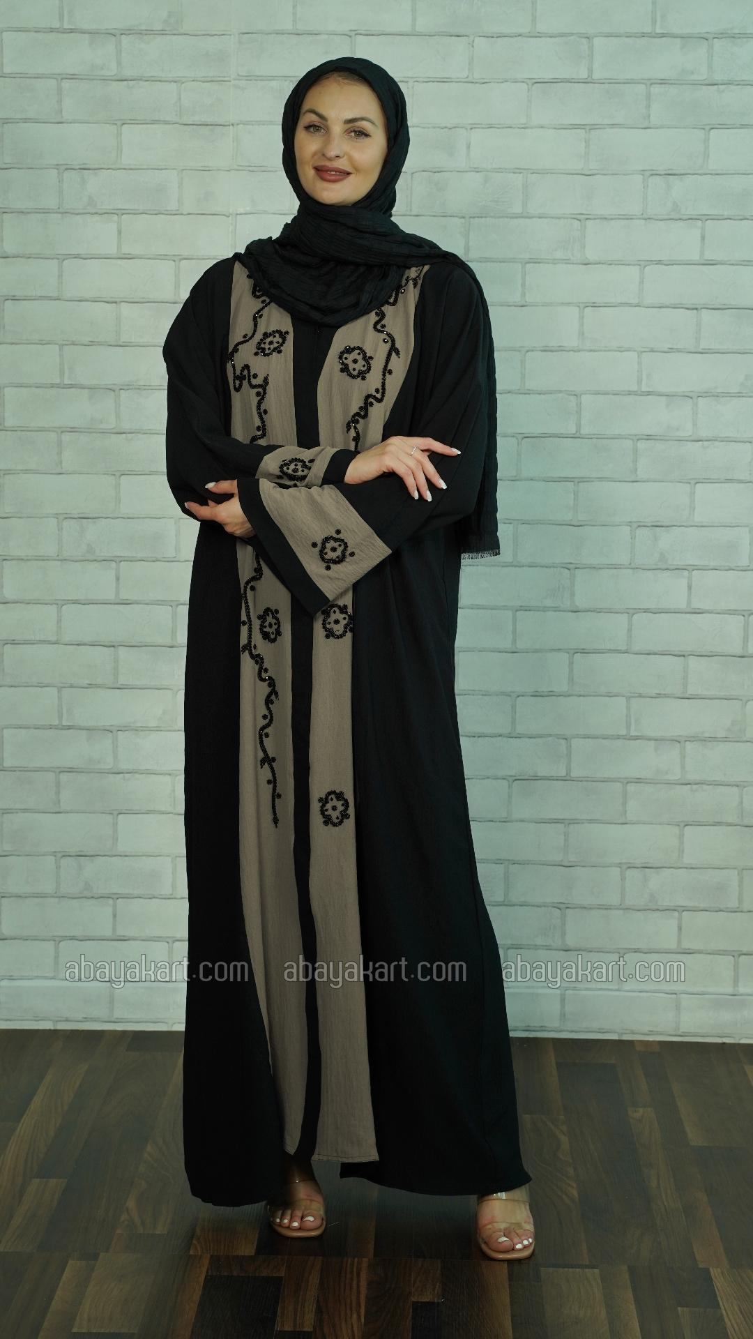 Wholesale CEY Modest Dress with Black Crystal Handwork on the Front and Sleeves in Black and Brown