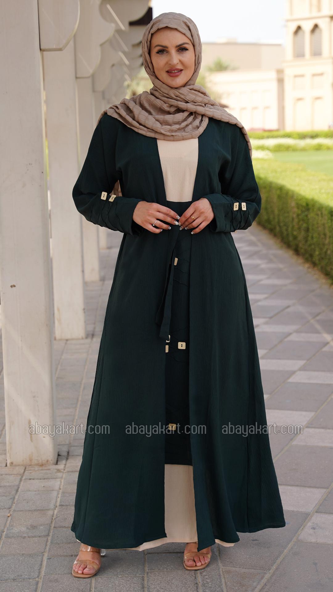 Wholesale Shrug Abaya with a Belt and Show Buttons on the Front in Cream and Dark Green