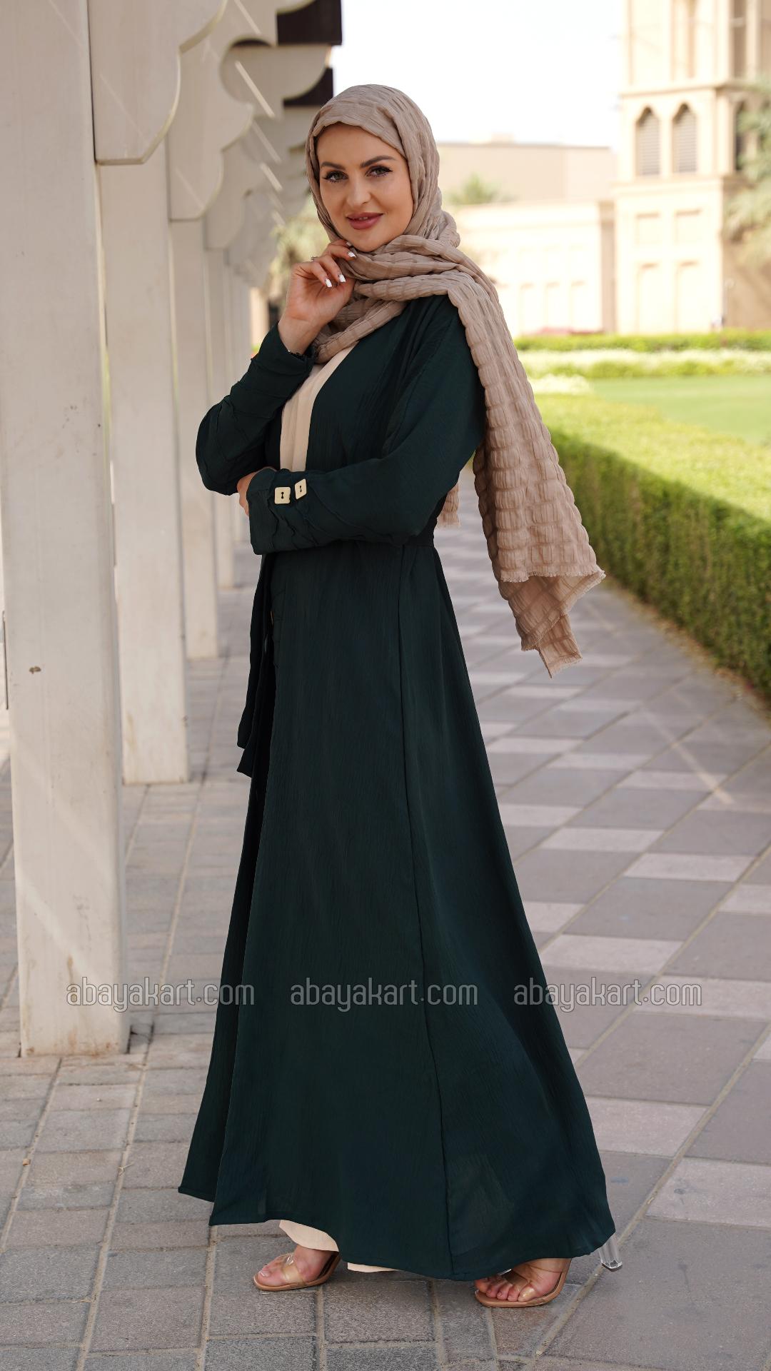 Wholesale Shrug Abaya with a Belt and Show Buttons on the Front in Cream and Dark Green