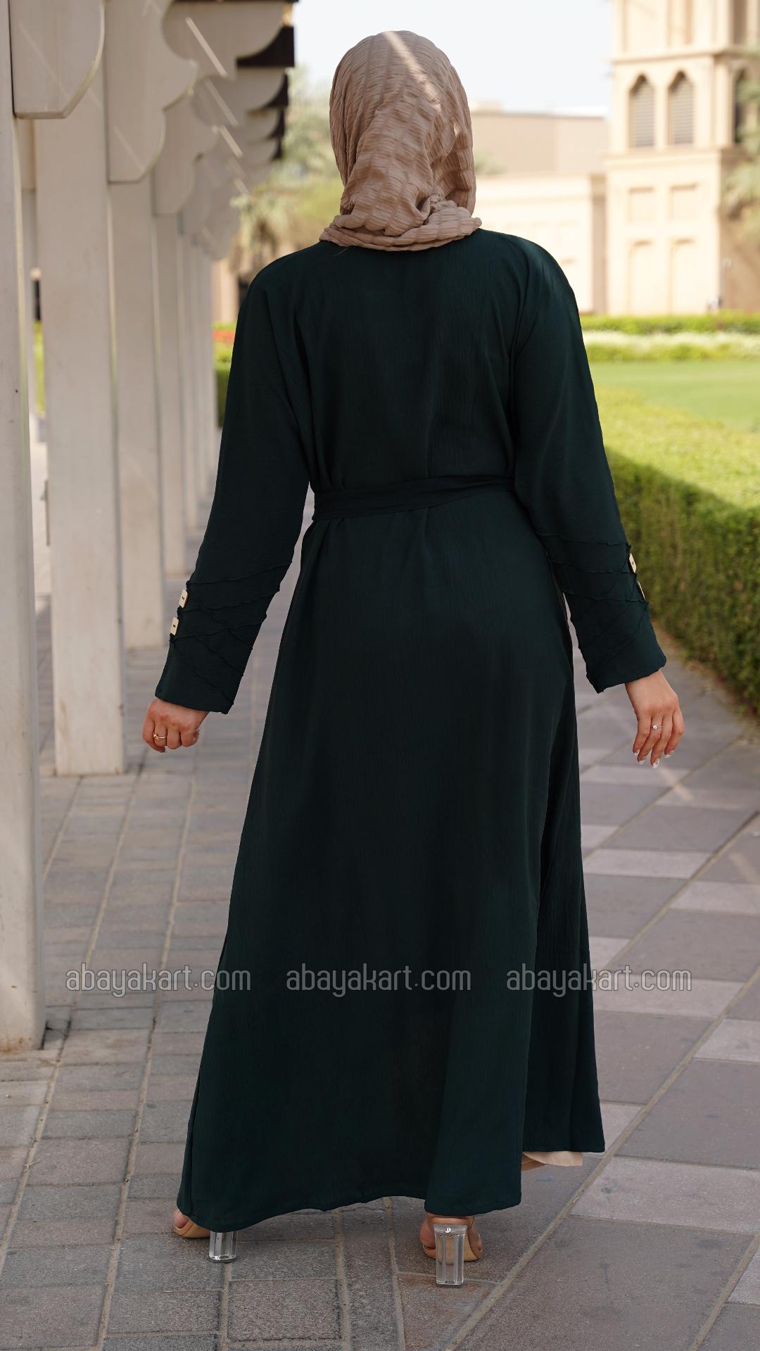 Wholesale Shrug Abaya with a Belt and Show Buttons on the Front in Cream and Dark Green