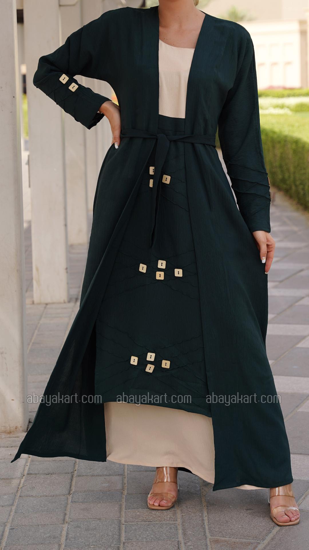Wholesale Shrug Abaya with a Belt and Show Buttons on the Front in Cream and Dark Green