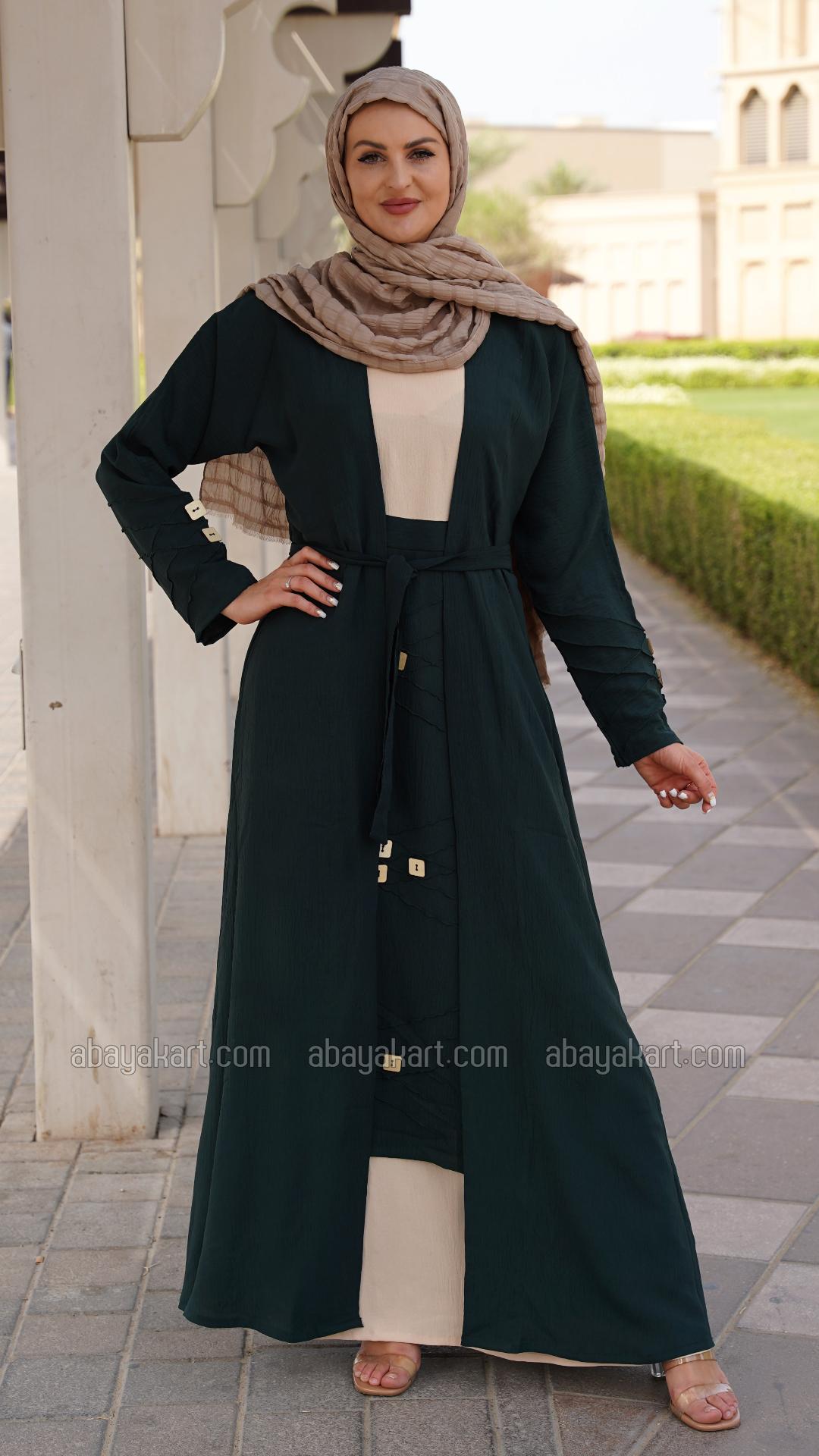Wholesale Shrug Abaya with a Belt and Show Buttons on the Front in Cream and Dark Green