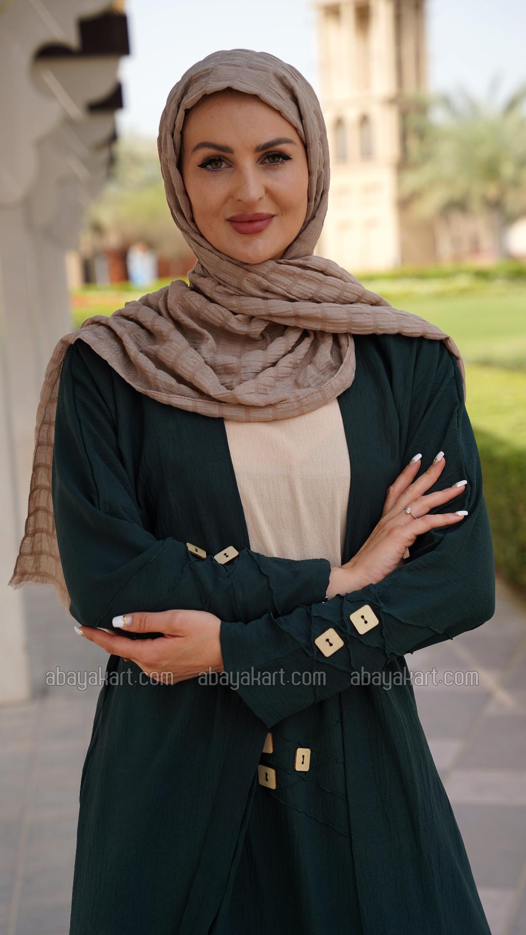 Wholesale Shrug Abaya with a Belt and Show Buttons on the Front in Cream and Dark Green