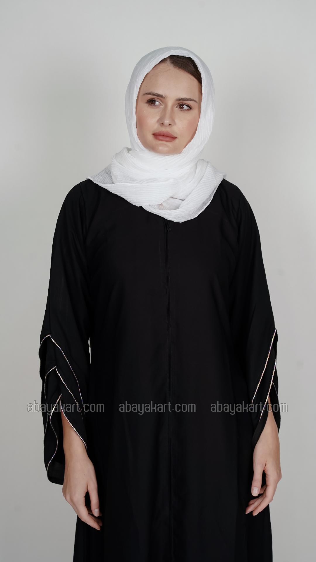 Wholesale Nida Matte Abaya with Stone Lace Work on the Sleeve Bottoms in Black