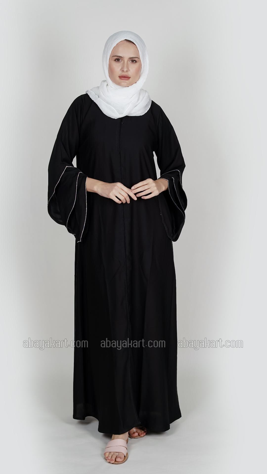 Wholesale Nida Matte Abaya with Stone Lace Work on the Sleeve Bottoms in Black