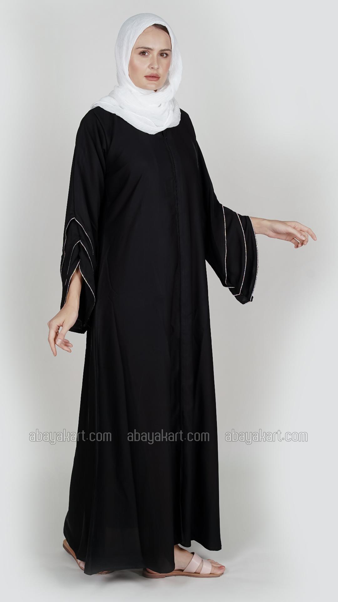 Wholesale Nida Matte Abaya with Stone Lace Work on the Sleeve Bottoms in Black