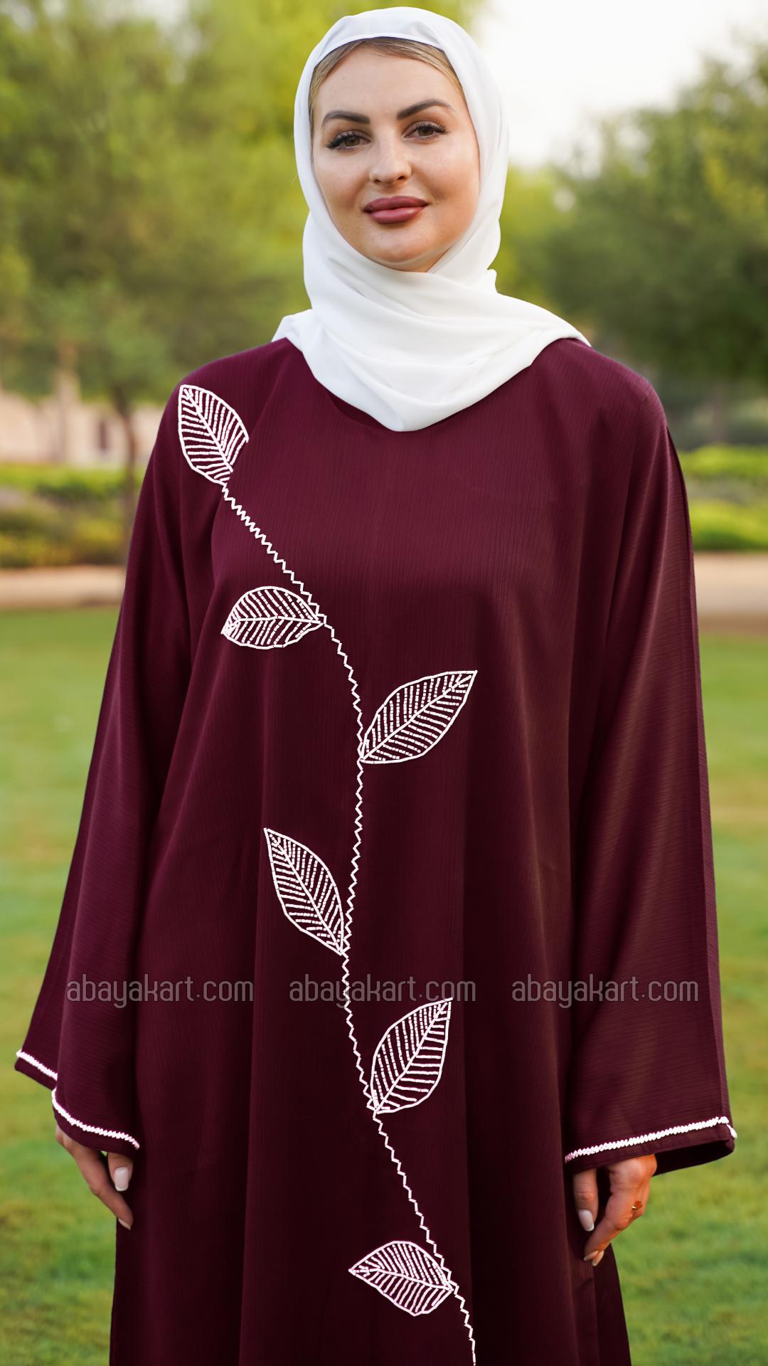 Wholesale Zoom Abaya With White Crystal Hand Work on the Front And Sleeves In Dark Maroon