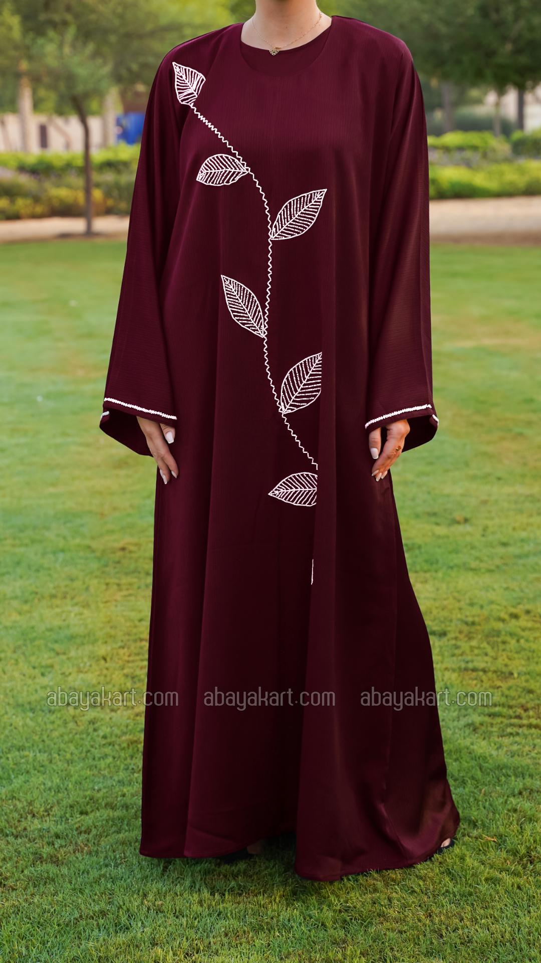 Wholesale Zoom Abaya With White Crystal Hand Work on the Front And Sleeves In Dark Maroon