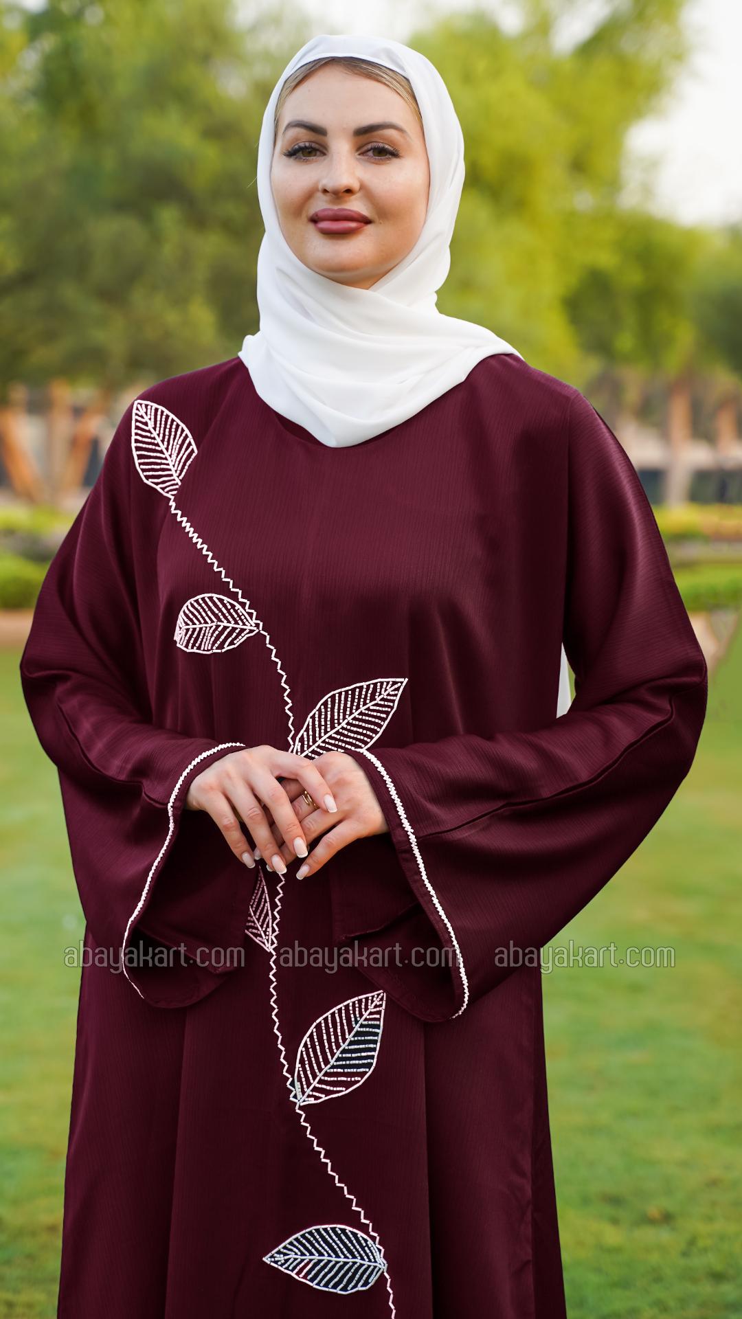 Wholesale Zoom Abaya With White Crystal Hand Work on the Front And Sleeves In Dark Maroon