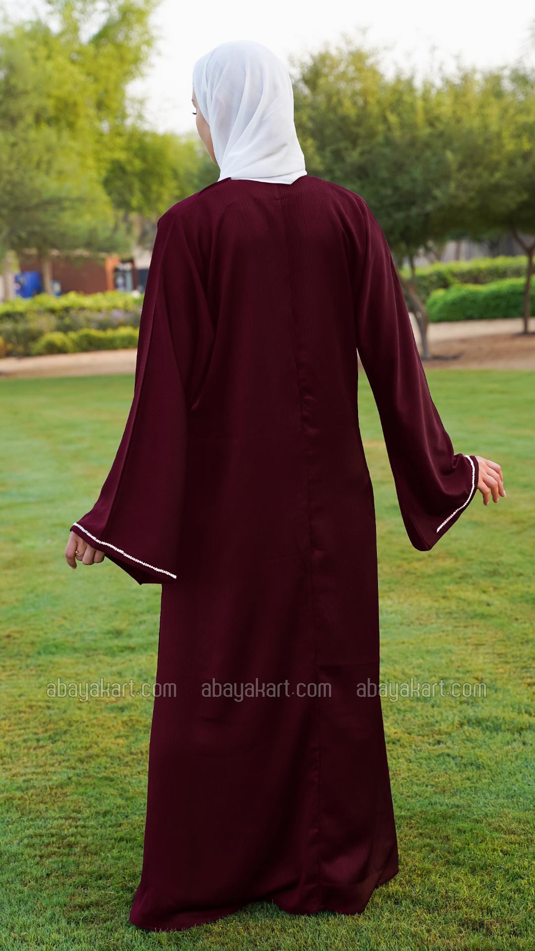 Wholesale Zoom Abaya With White Crystal Hand Work on the Front And Sleeves In Dark Maroon