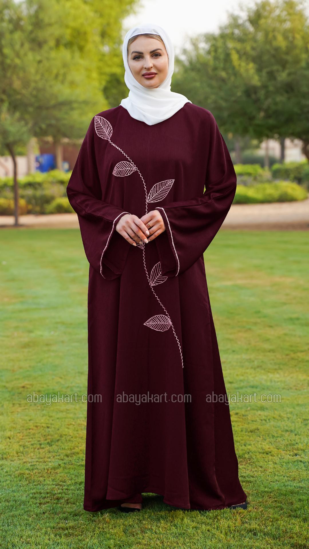 Wholesale Zoom Abaya With White Crystal Hand Work on the Front And Sleeves In Dark Maroon
