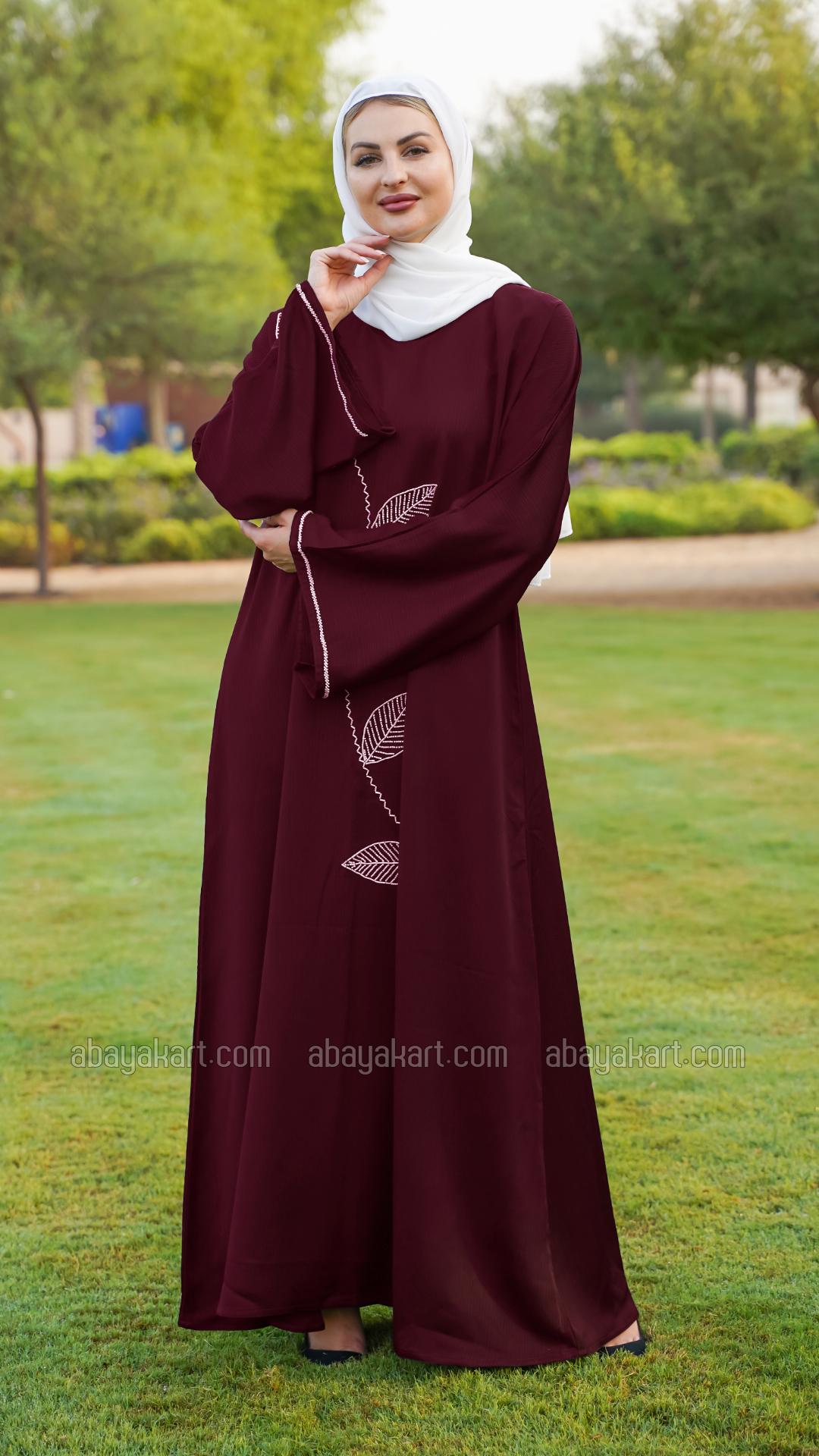 Wholesale Zoom Abaya With White Crystal Hand Work on the Front And Sleeves In Dark Maroon