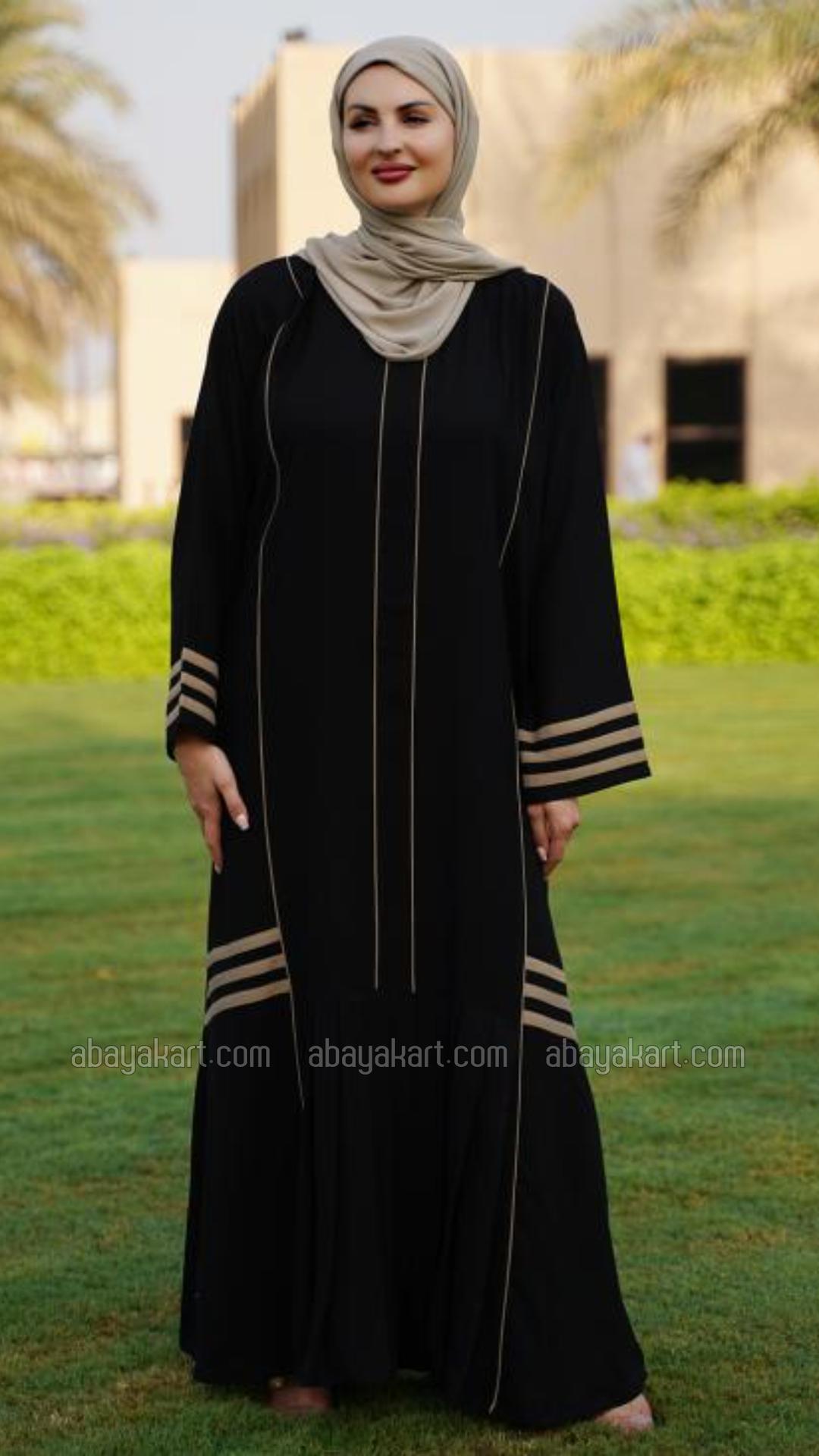 Wholesale Abaya with Piping and Pleat Work on the Front in Black and Beige