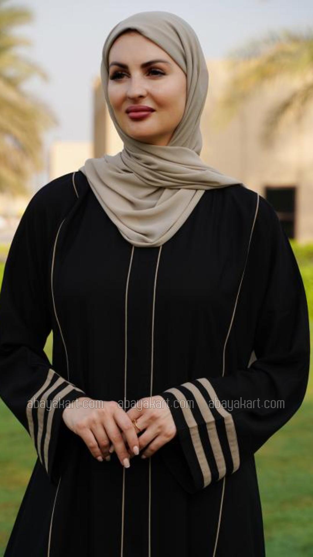 Wholesale Abaya with Piping and Pleat Work on the Front in Black and Beige