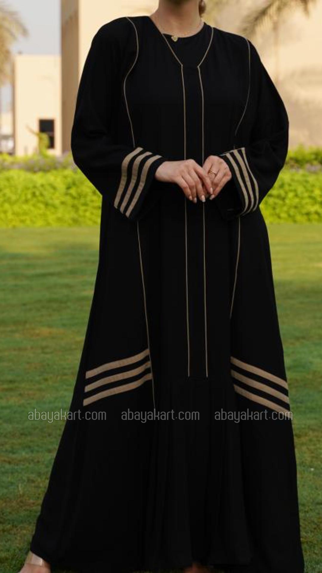 Wholesale Abaya with Piping and Pleat Work on the Front in Black and Beige