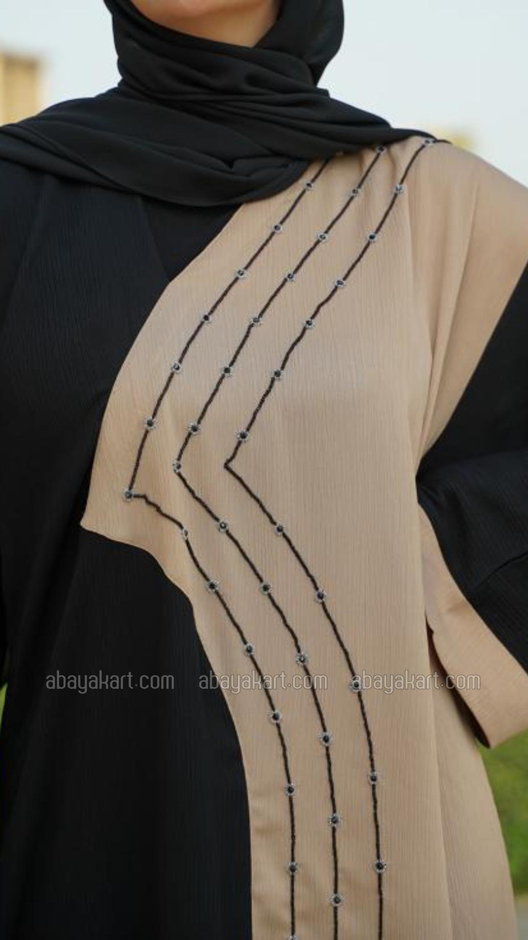 Wholesale Simple Abaya with Handwork on the Front in Black And Beige