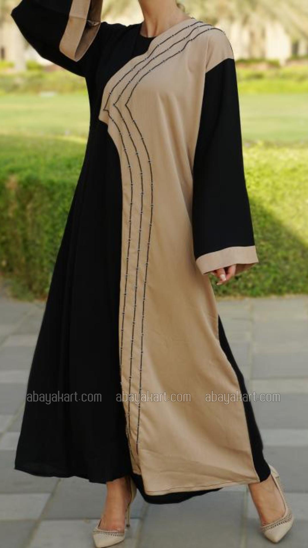 Wholesale Simple Abaya with Handwork on the Front in Black And Beige