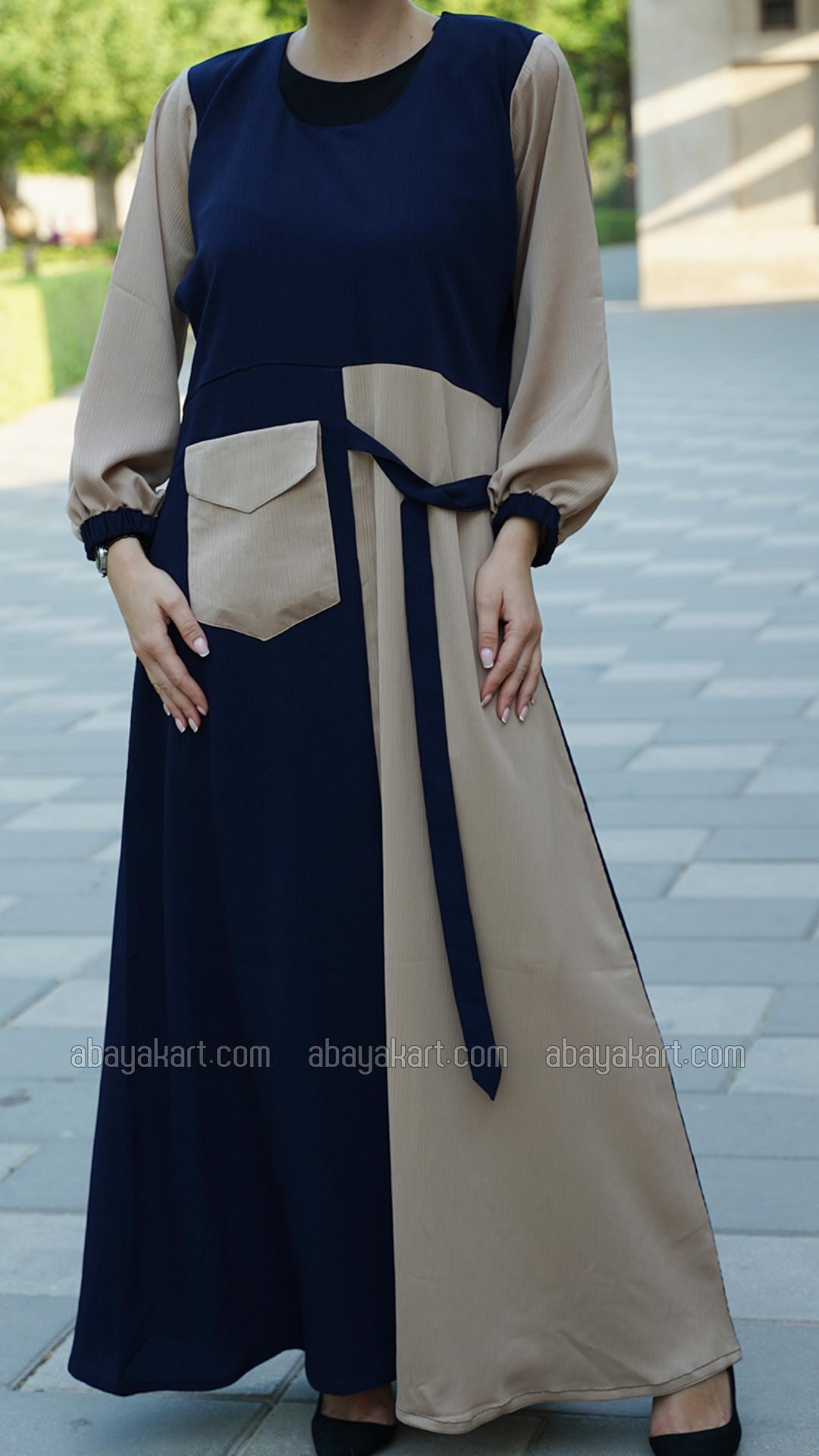 Wholesale Zoom Abaya With One Side Pocket And Attached Belt In Beige And Navy B