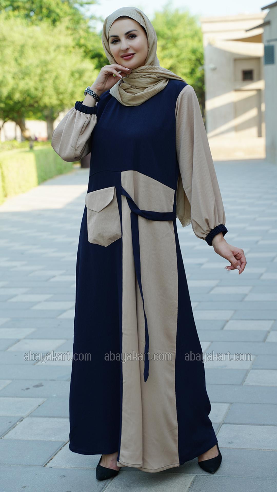 Wholesale Zoom Abaya With One Side Pocket And Attached Belt In Beige And Navy B