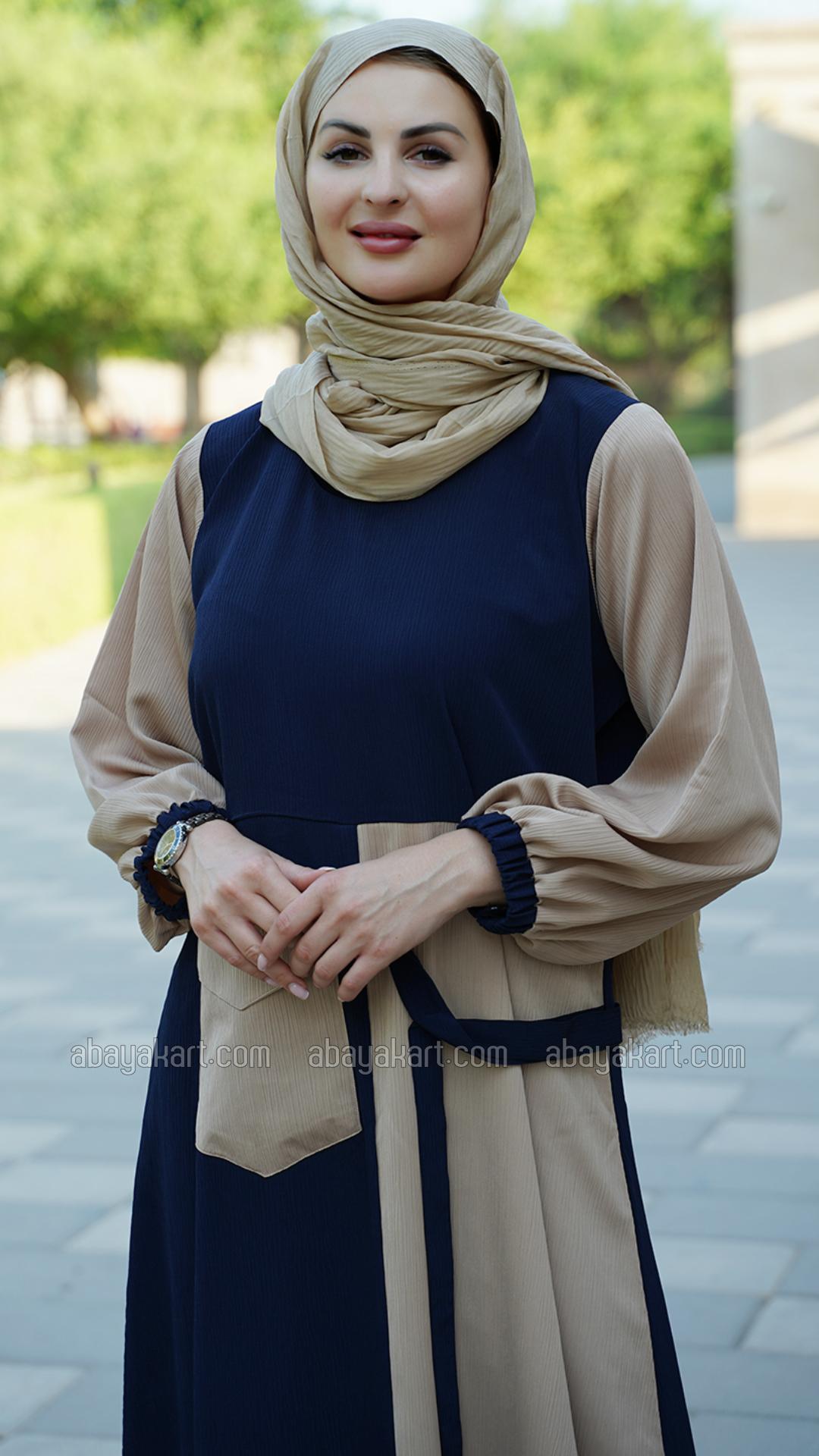 Wholesale Zoom Abaya With One Side Pocket And Attached Belt In Beige And Navy B