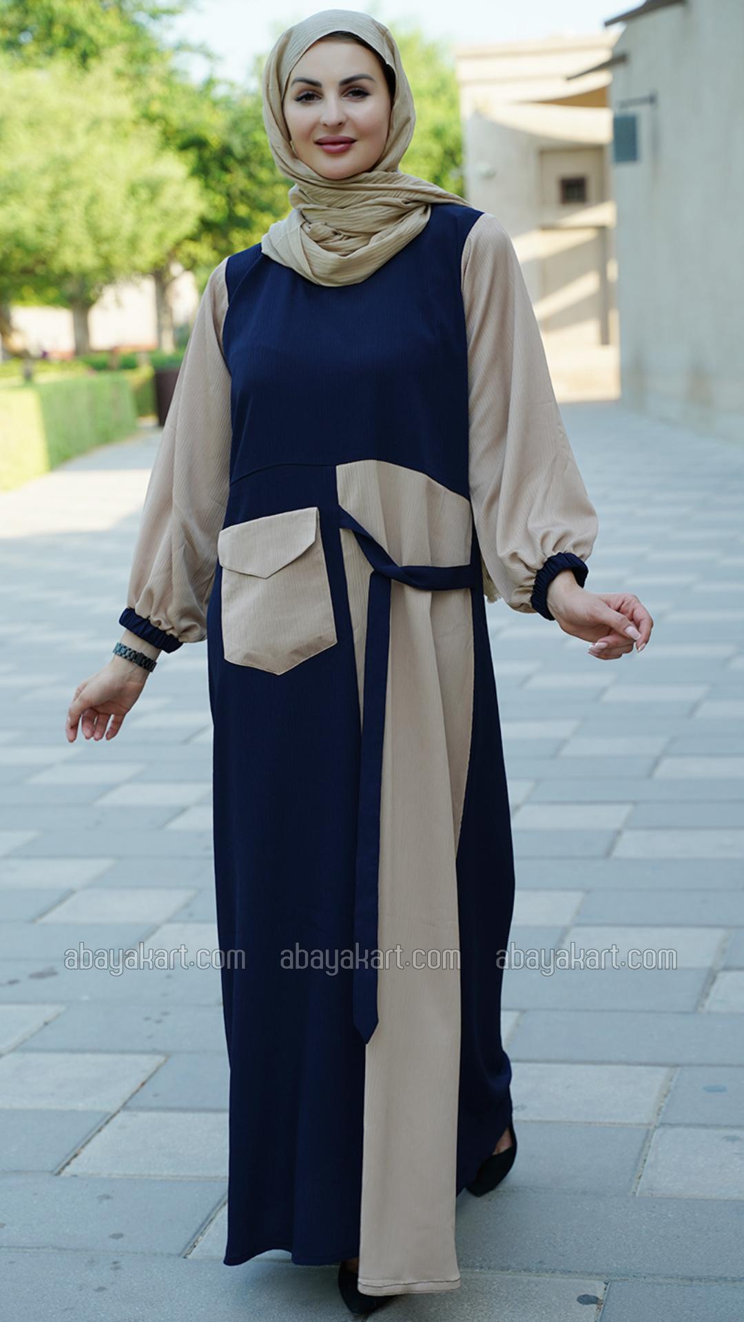 Wholesale Zoom Abaya With One Side Pocket And Attached Belt In Beige And Navy B