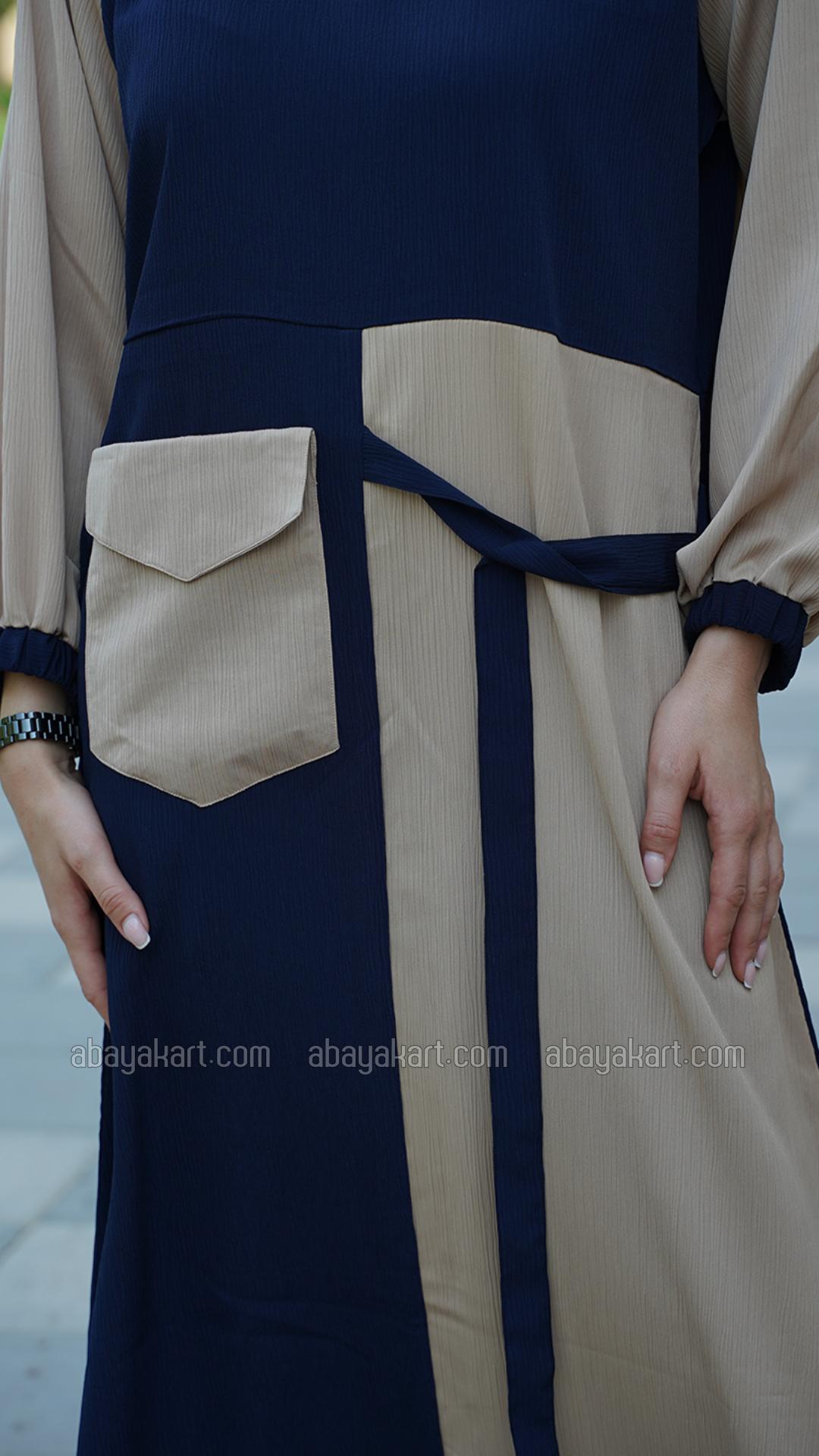 Wholesale Zoom Abaya With One Side Pocket And Attached Belt In Beige And Navy B