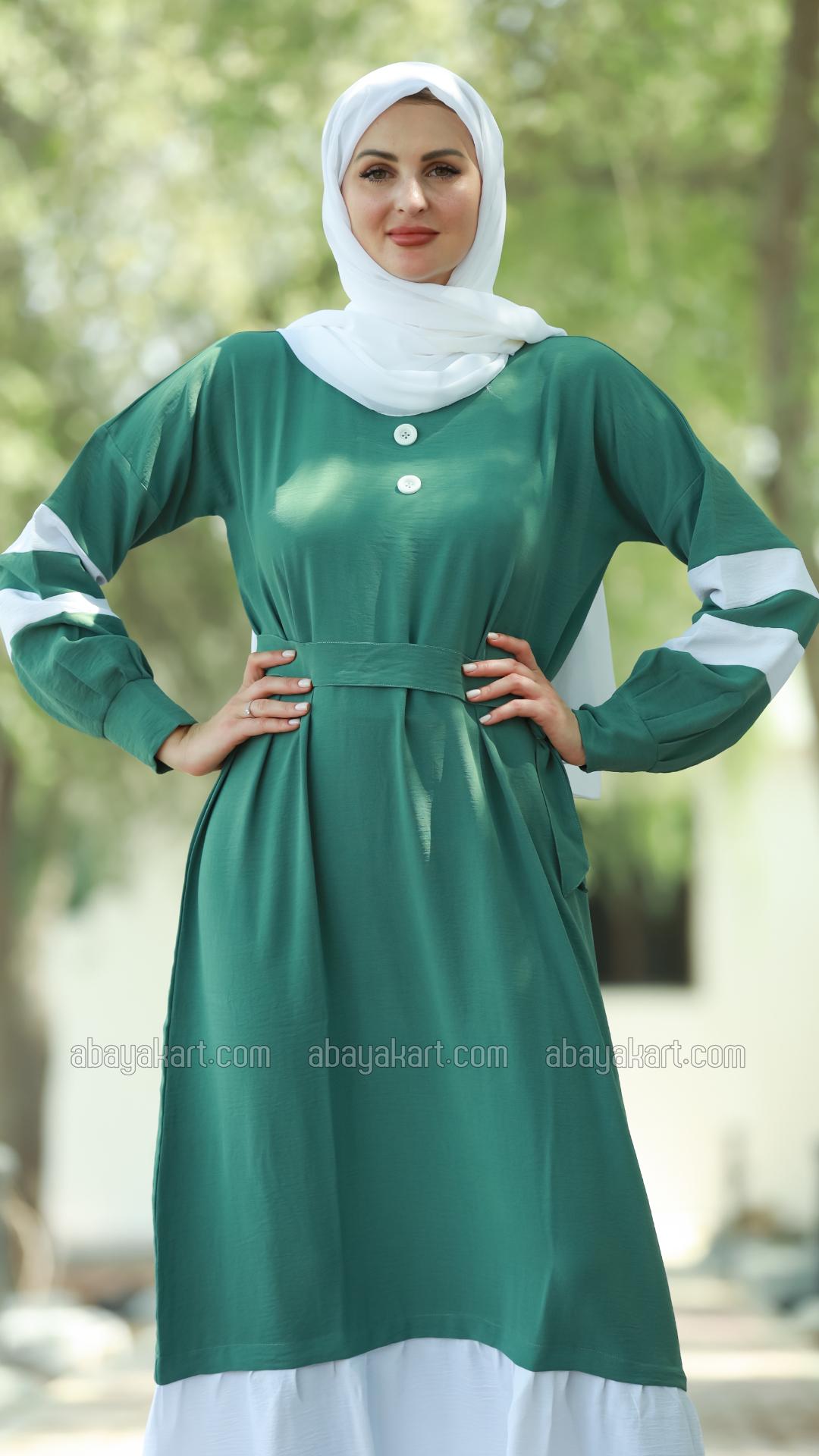 Wholesale Modest Dress with Show Buttons on the Front and a Belt in Teal and OffWhite