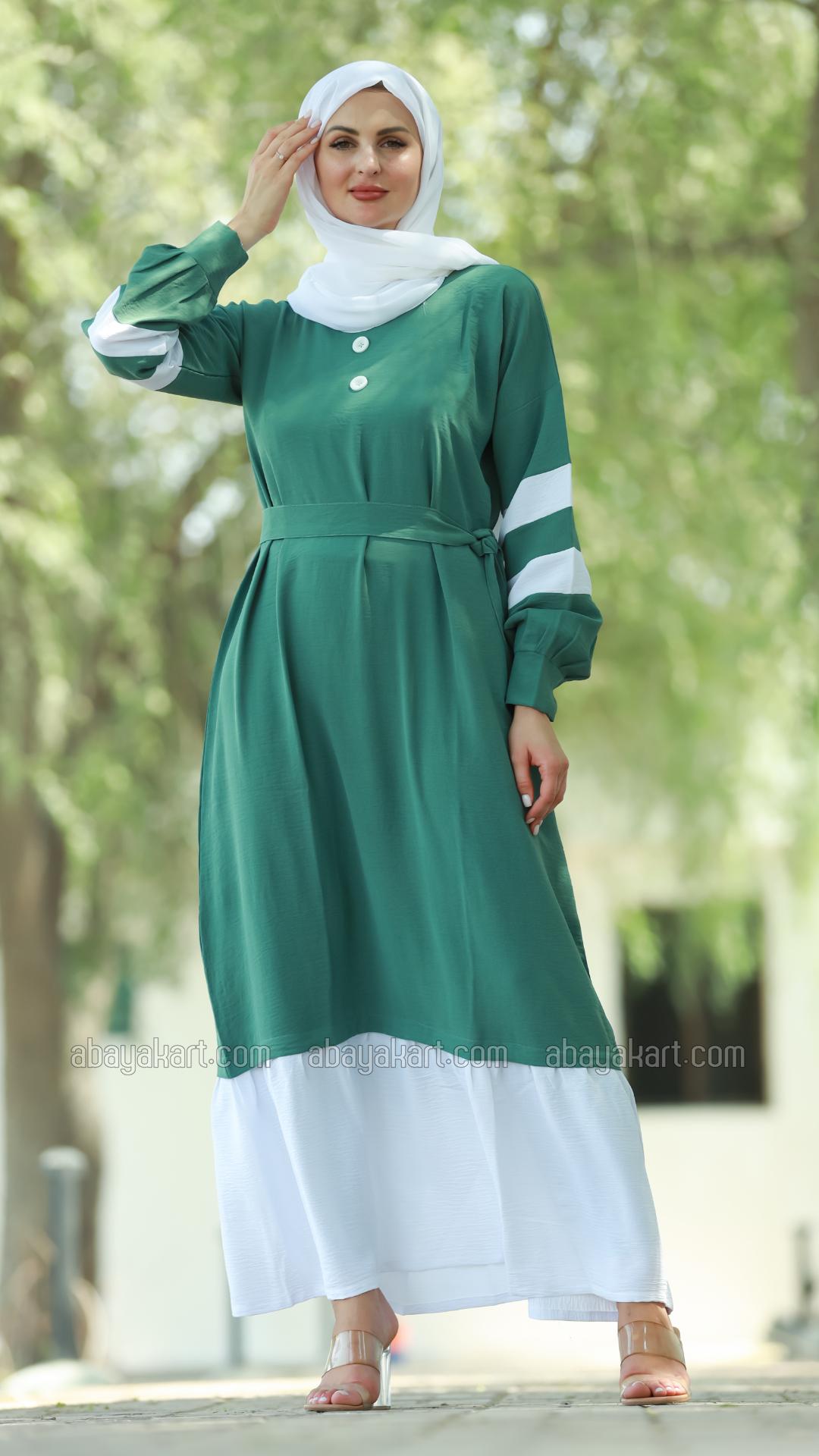 Wholesale Modest Dress with Show Buttons on the Front and a Belt in Teal and OffWhite