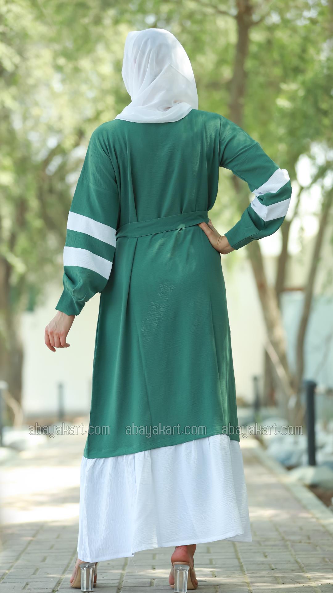 Wholesale Modest Dress with Show Buttons on the Front and a Belt in Teal and OffWhite