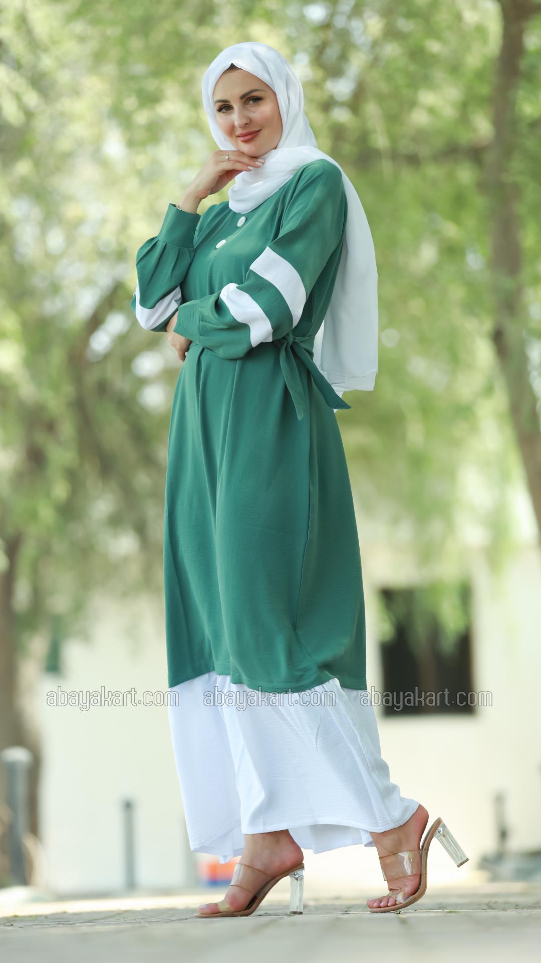 Wholesale Modest Dress with Show Buttons on the Front and a Belt in Teal and OffWhite