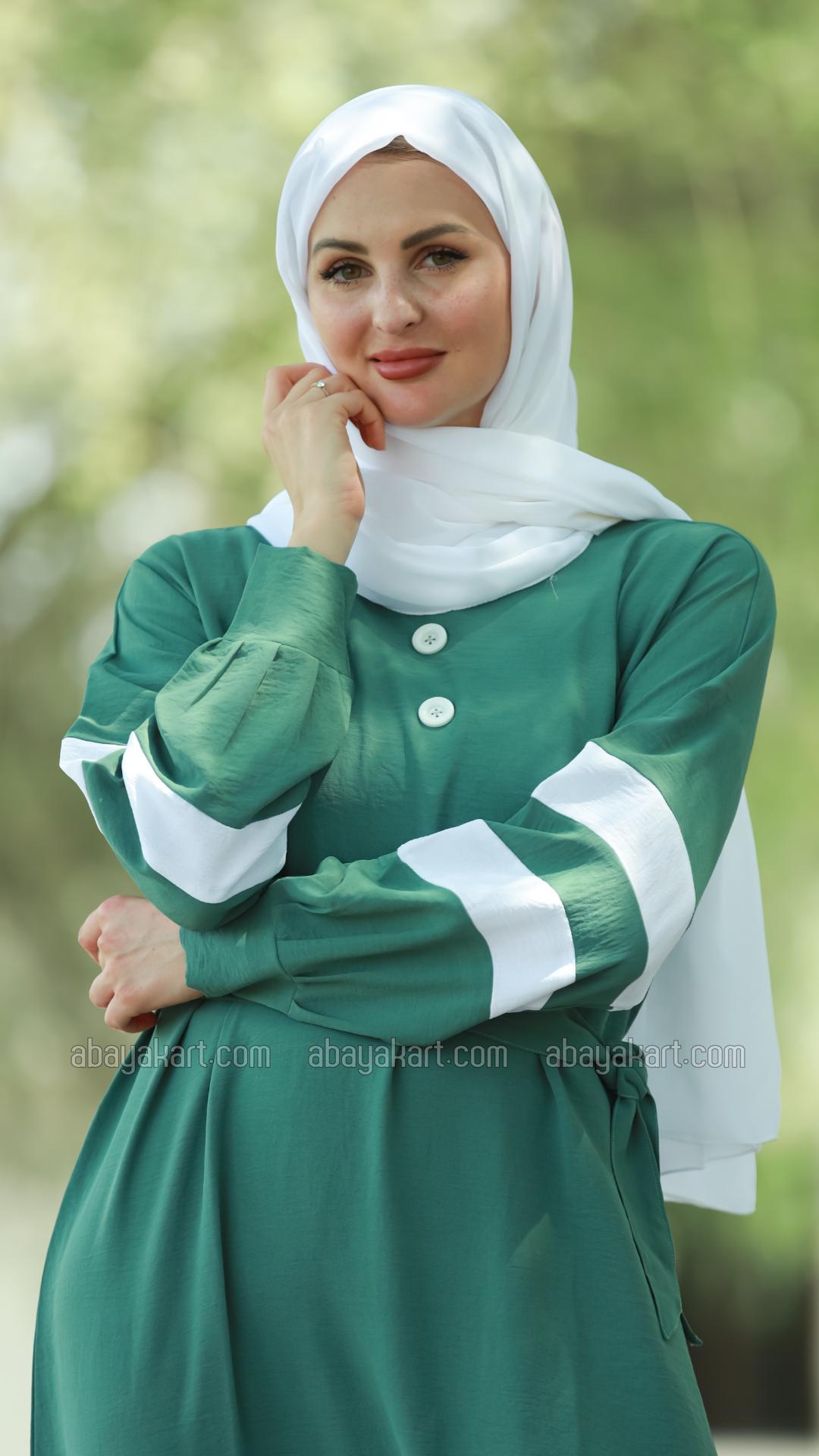 Wholesale Modest Dress with Show Buttons on the Front and a Belt in Teal and OffWhite