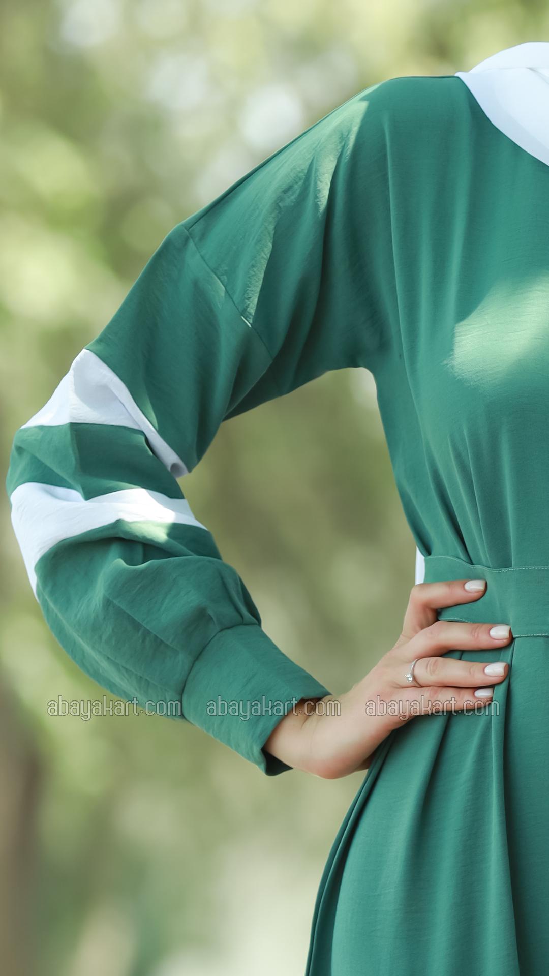 Wholesale Modest Dress with Show Buttons on the Front and a Belt in Teal and OffWhite