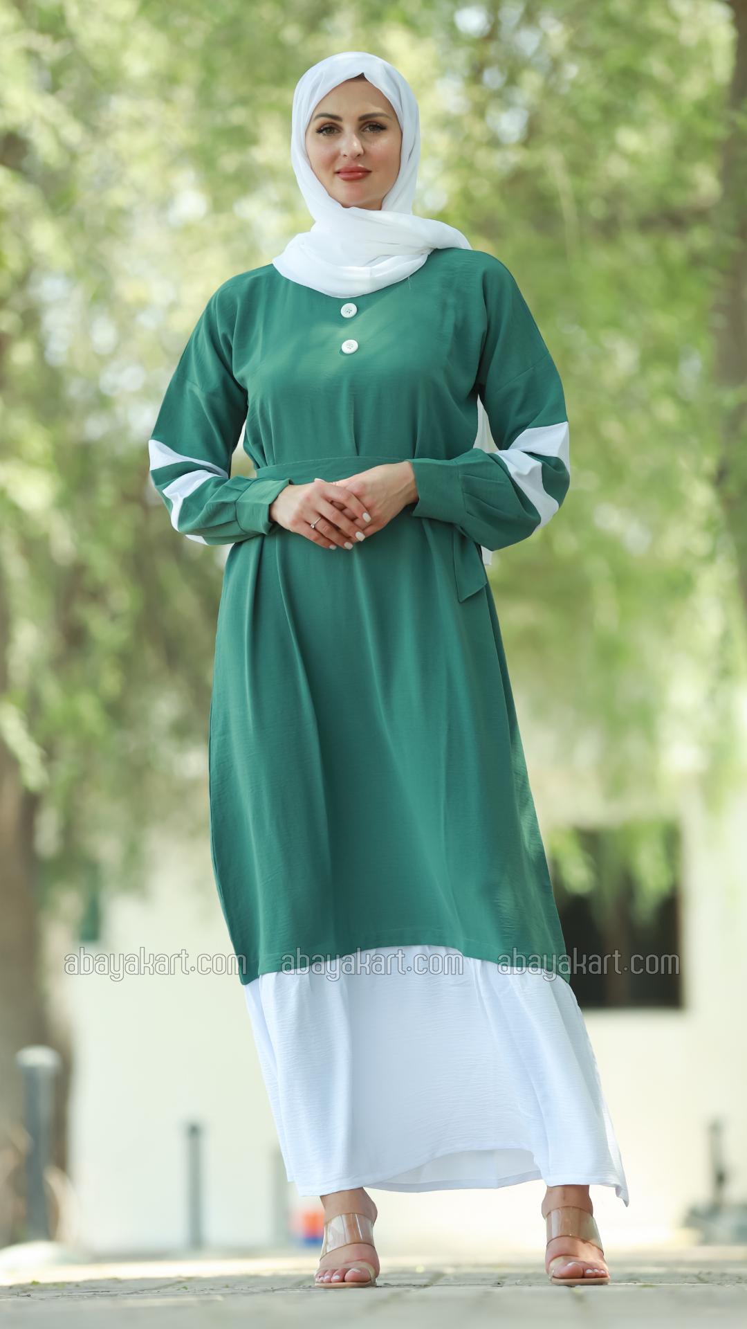 Wholesale Modest Dress with Show Buttons on the Front and a Belt in Teal and OffWhite
