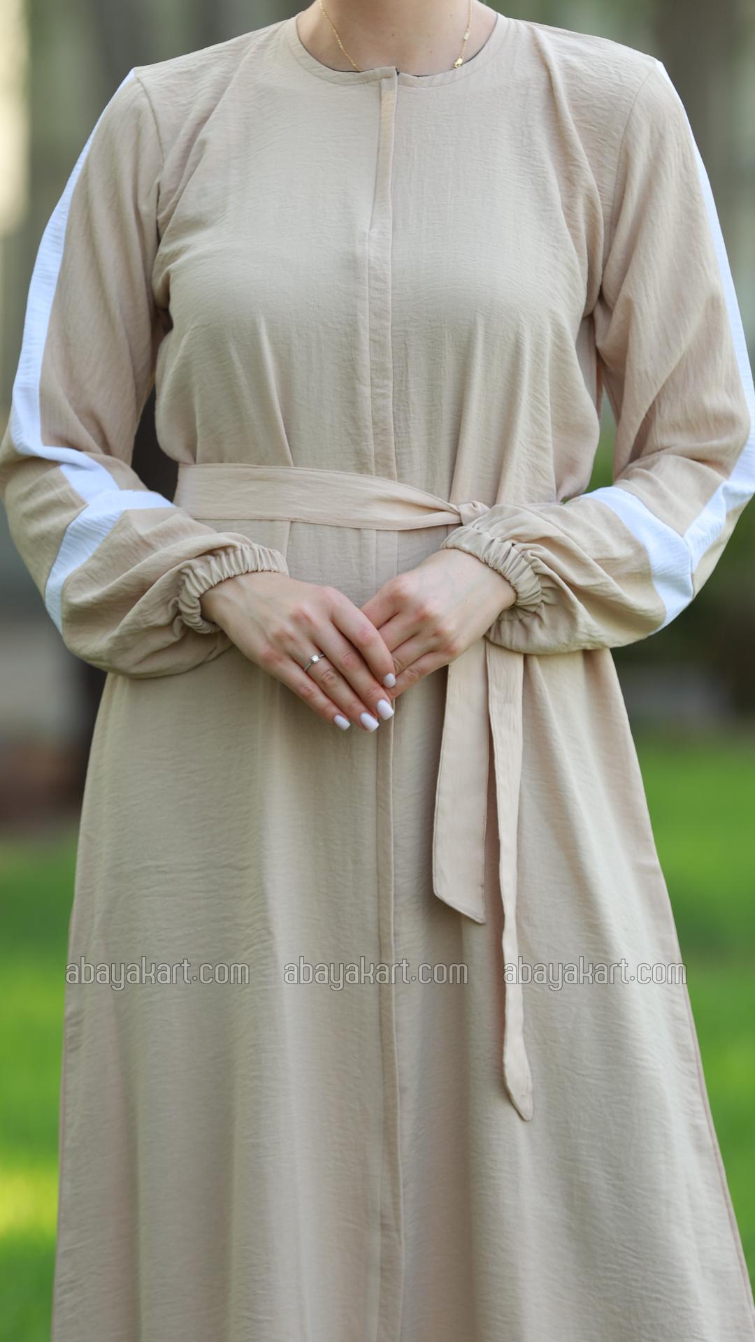 Wholesale CEY Modest Dress with OffWhite Band Work on the Sleeves and a Belt in Cream