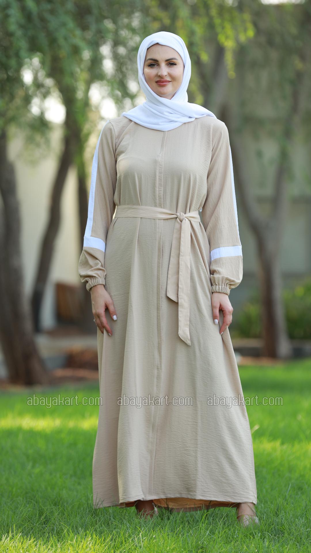 Wholesale CEY Modest Dress with OffWhite Band Work on the Sleeves and a Belt in Cream