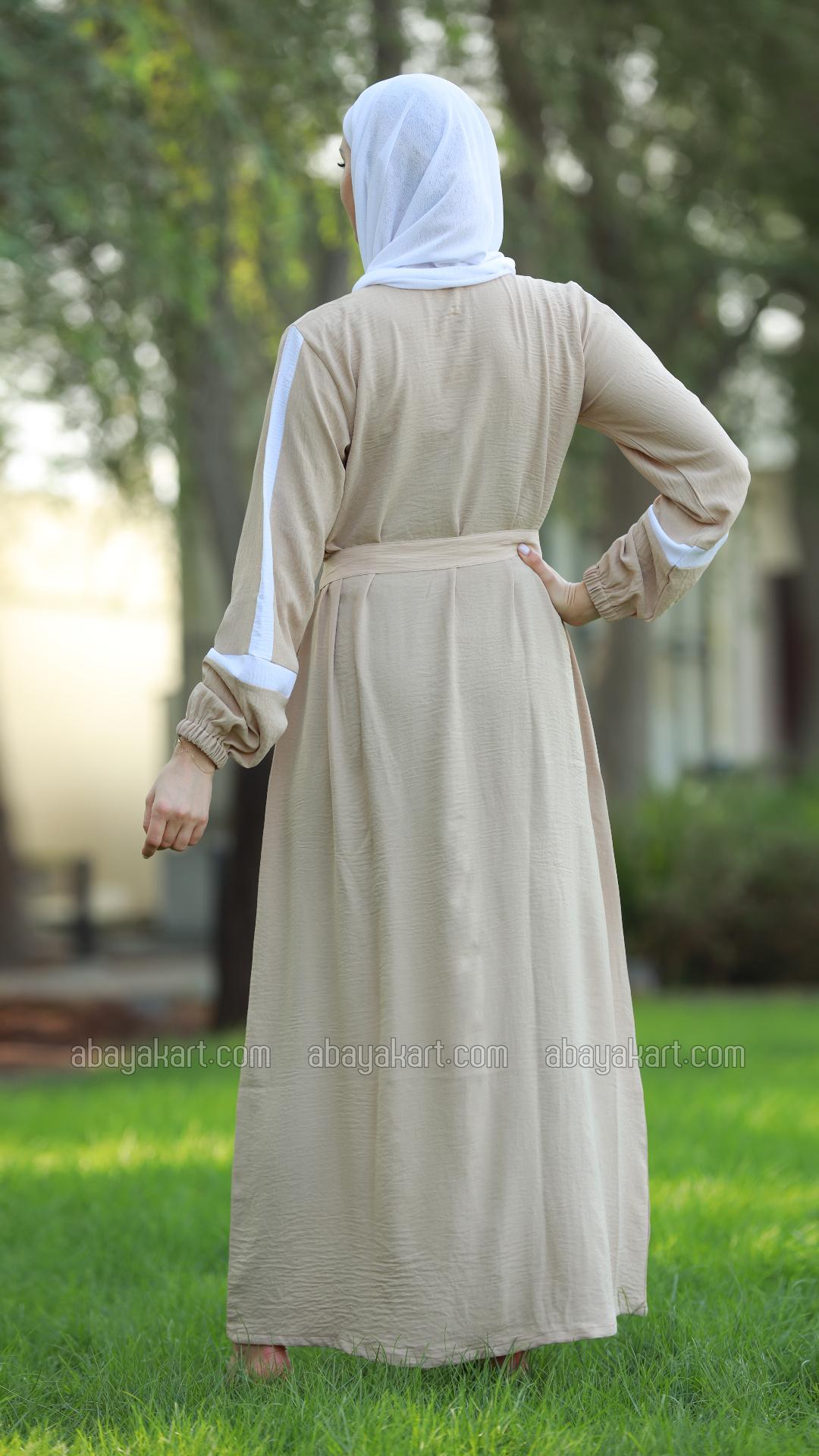Wholesale CEY Modest Dress with OffWhite Band Work on the Sleeves and a Belt in Cream